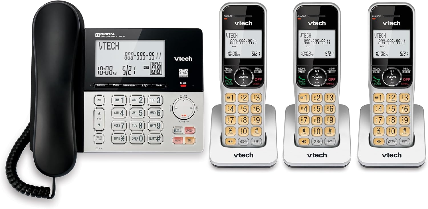 DECT 6.0 3-Handsets Corded/Cordless Phone for Home with Answering Machine, Call Blocking, Caller ID, Large Backlit Display, Duplex Speakerphone, Intercom, Landline Line-Power: VG208-3