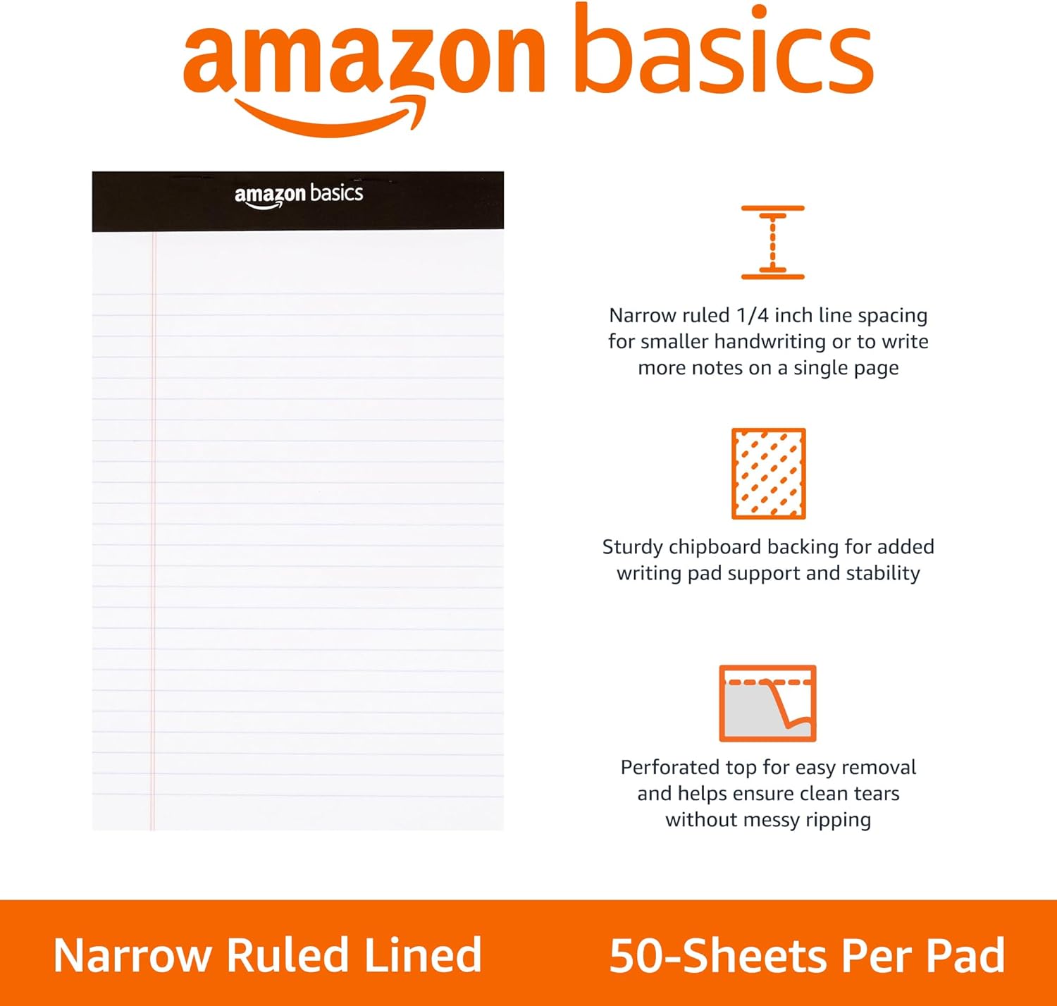 Basics Narrow Ruled Lined Writing Note Pad, 5 inch x 8 inch, White, 12 Count (12 Pack of 50 pages)