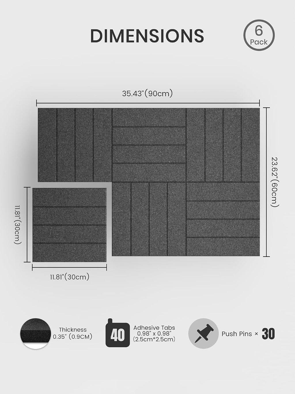 Large Cork Board 36" x 24" Alternative - 6 Pack Felt Wall Tiles with 40 Safe Removable Adhesive Tabs, 30 Pushpins, Cork Boards for Walls Pin Board Bulletin Board Office Decor-Charcoal Gray