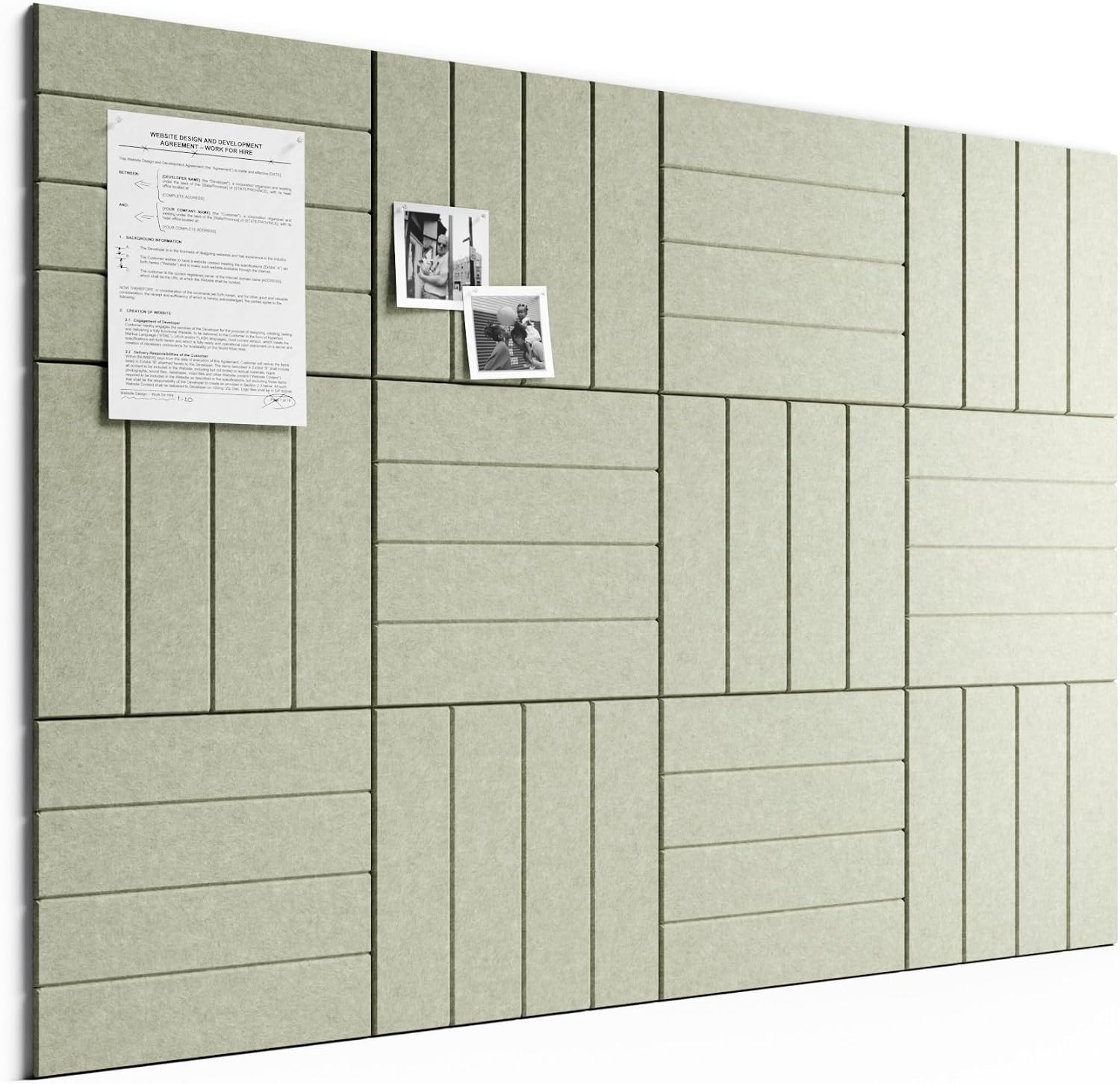 Large Felt Bulletin Board, 48" x 36" Cork Board Alternative, 12-Pack Bold Stripe Felt Wall Tiles with 30 Push Pins and 70 Adhesive Tabs, Ideal for Office, Home & Classroom, Sage