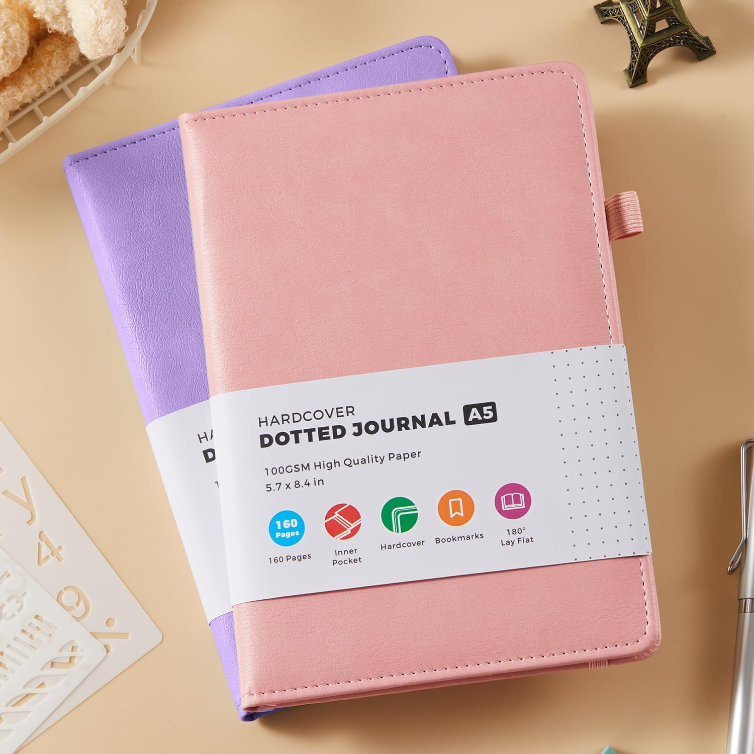 2 Pack Bullet Dotted Notebook Journals for Women, A5 Leather Journal Note Book with 100 GSM Dot Grid Paper, Pink & Purple Notebooks for Writing Work, Office School Supplies, 5.7"x8.4"