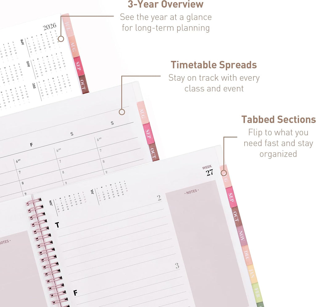 Rileys Academic Planner 2026-2027, Daily, Weekly & Monthly Planner, July 2026 - June 2027, Student Notes Pages, Twin-Wire Binding Weekly Agenda for School & Work (21.6 x 28 cm, Pink)