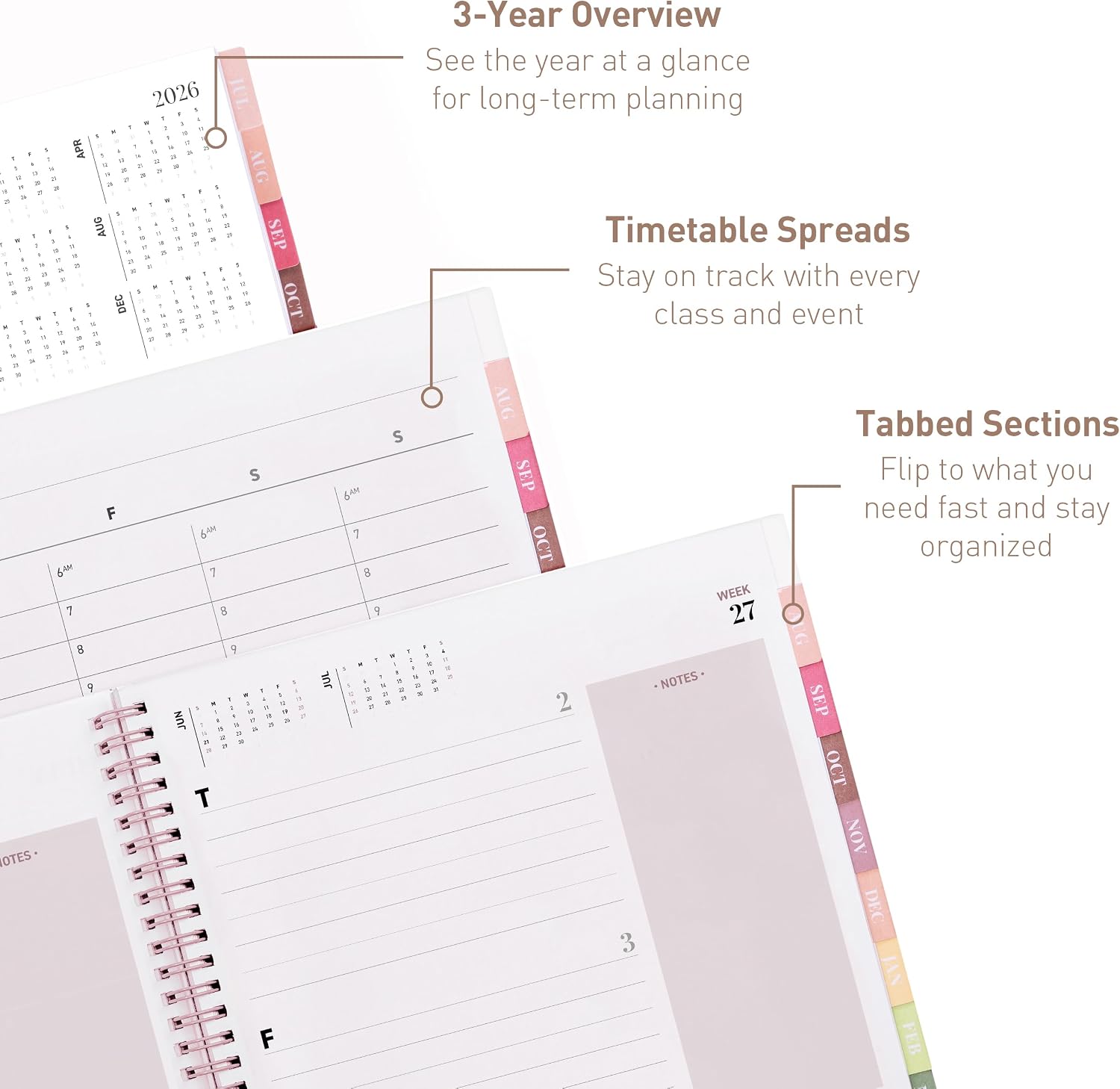 Rileys Academic Planner 2026-2027, Daily, Weekly & Monthly Planner, July 2026 - June 2027, Student Notes Pages, Twin-Wire Binding Weekly Agenda for School & Work (21.6 x 28 cm, Pink)