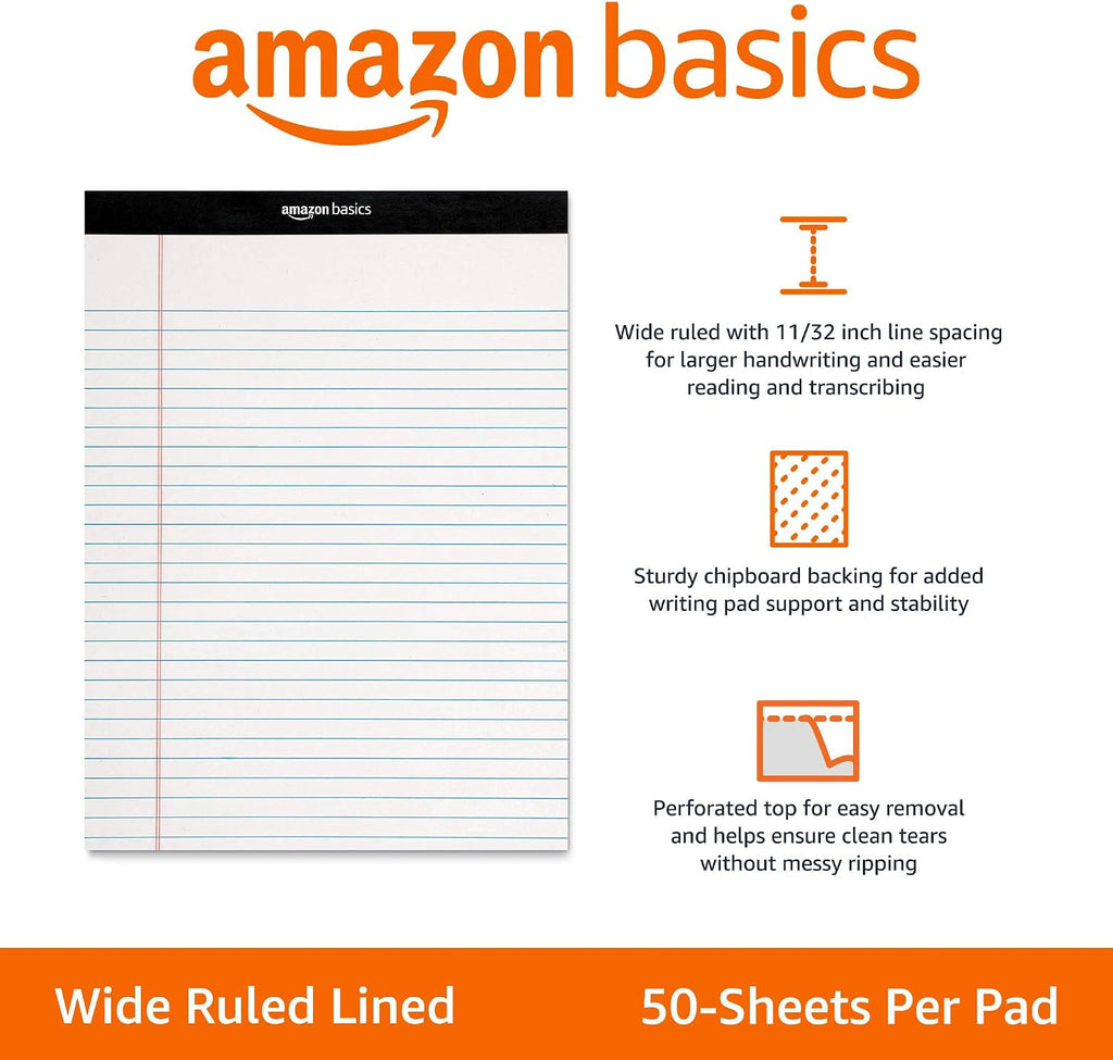 Basics Wide Ruled Lined Writing Note Pads, 8.5 inch x 11.75 inch, White, 12 Count (12 Pack of 50)