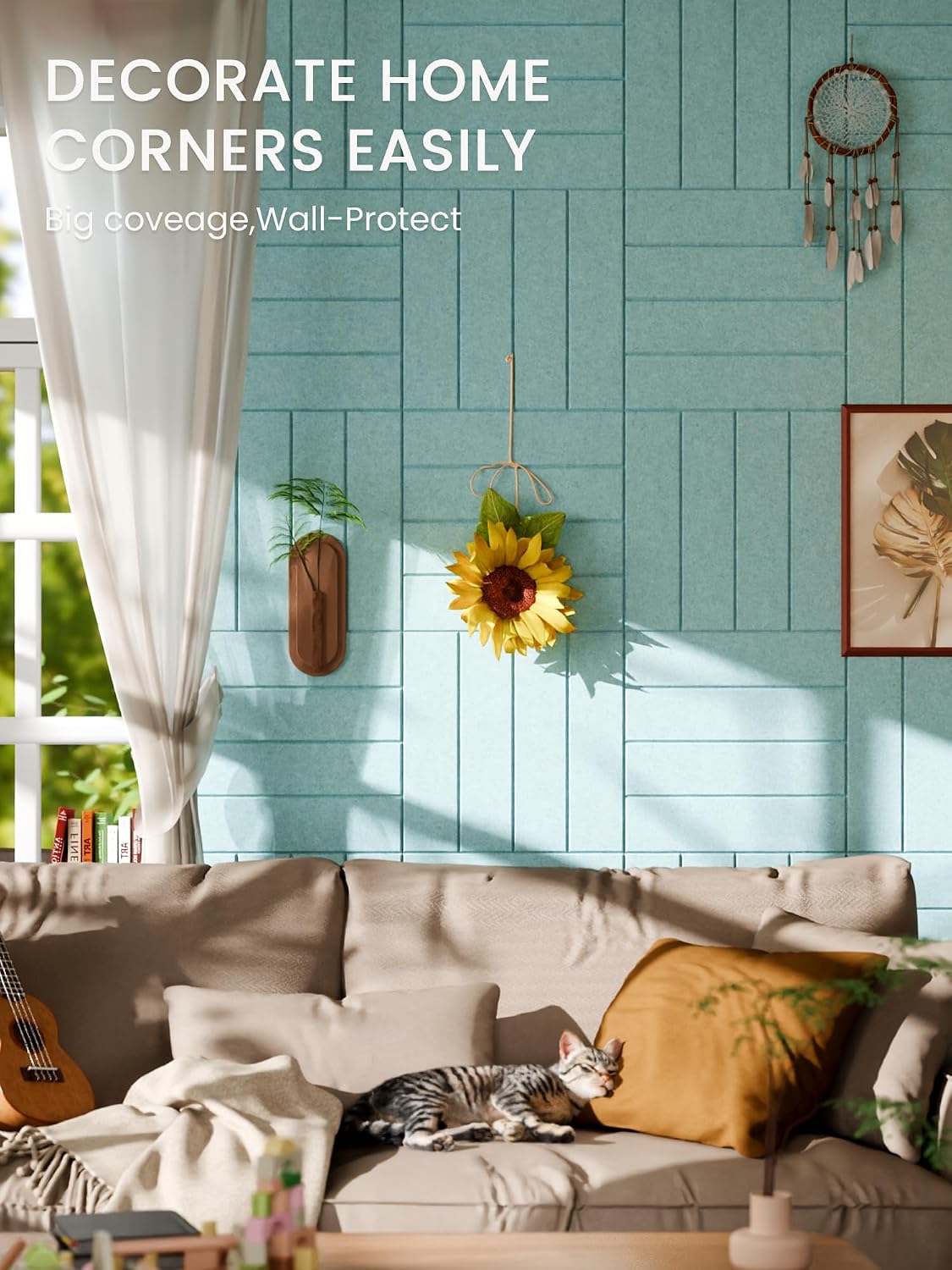 Large Felt Bulletin Board, 36" x 24" Cork Board Alternative, 6-Pack Bold Stripe Felt Wall Tiles with 30 Push Pins and 40 Adhesive Tabs, Ideal for Office, Home & Classroom, Teal Blue