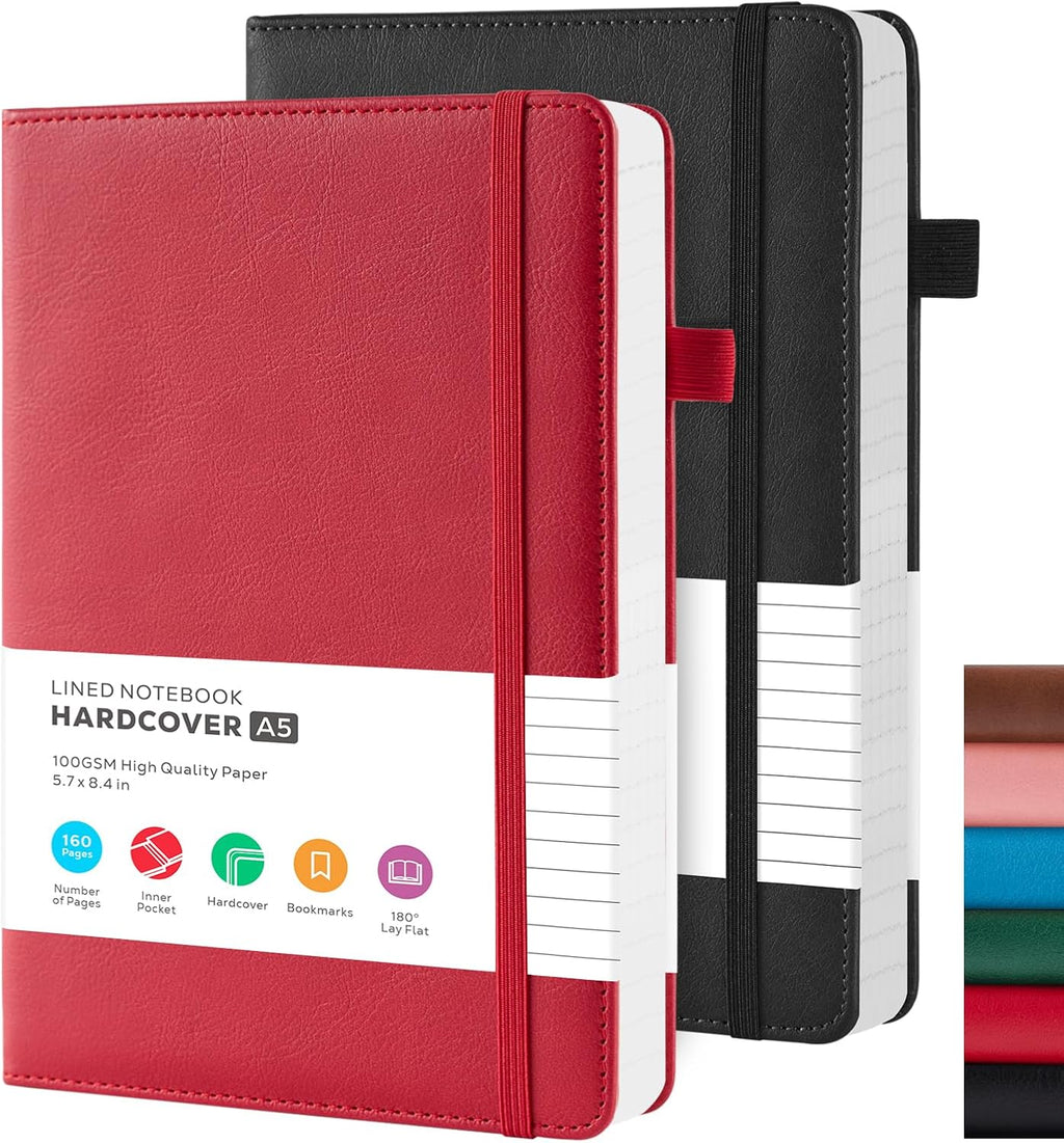 2 Pack Notebooks Journals for Women, A5 Diary Note book with Pen Loop, Travel Journal with 100GSM Lined Paper, Inner Pocket, for Gift, Office, School Supplies