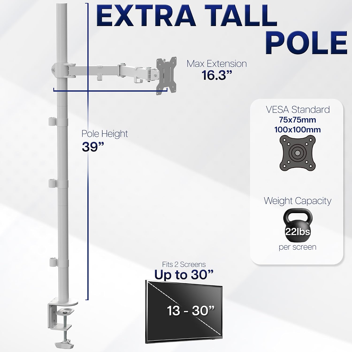 Extra Tall Single Monitor Desk Mount Stand with 39 inch Pole, Features Full Adjustability - Tilt and Articulation, Holds 13 to 32 inch Screens up to 10kg with VESA Mounting, White, STAND-V011W