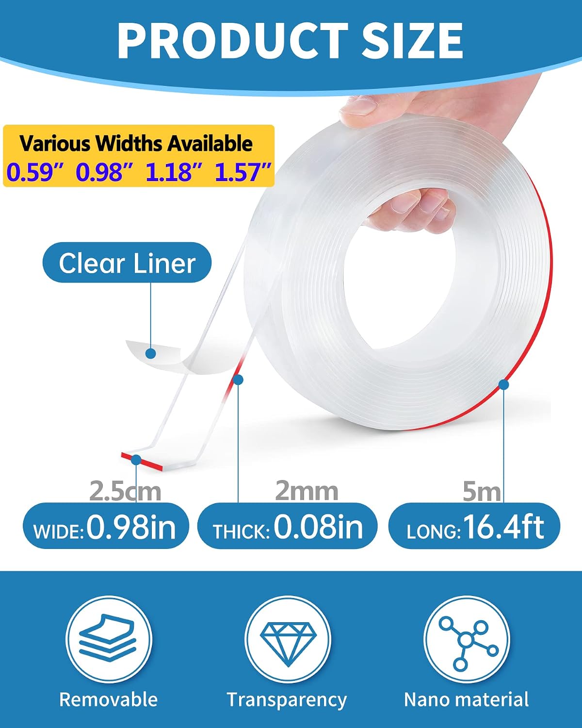 Double Sided Tape Heavy Duty, Strong Adhesive Multipurpose Mounting Tape, Removable and Reusable Transparent Tape(16.4ft /Roll, 0.98in Wide) | Heavy Duty, Strong Adhesive, Multipurpose Mounting, Removable and Reusable, Transparent