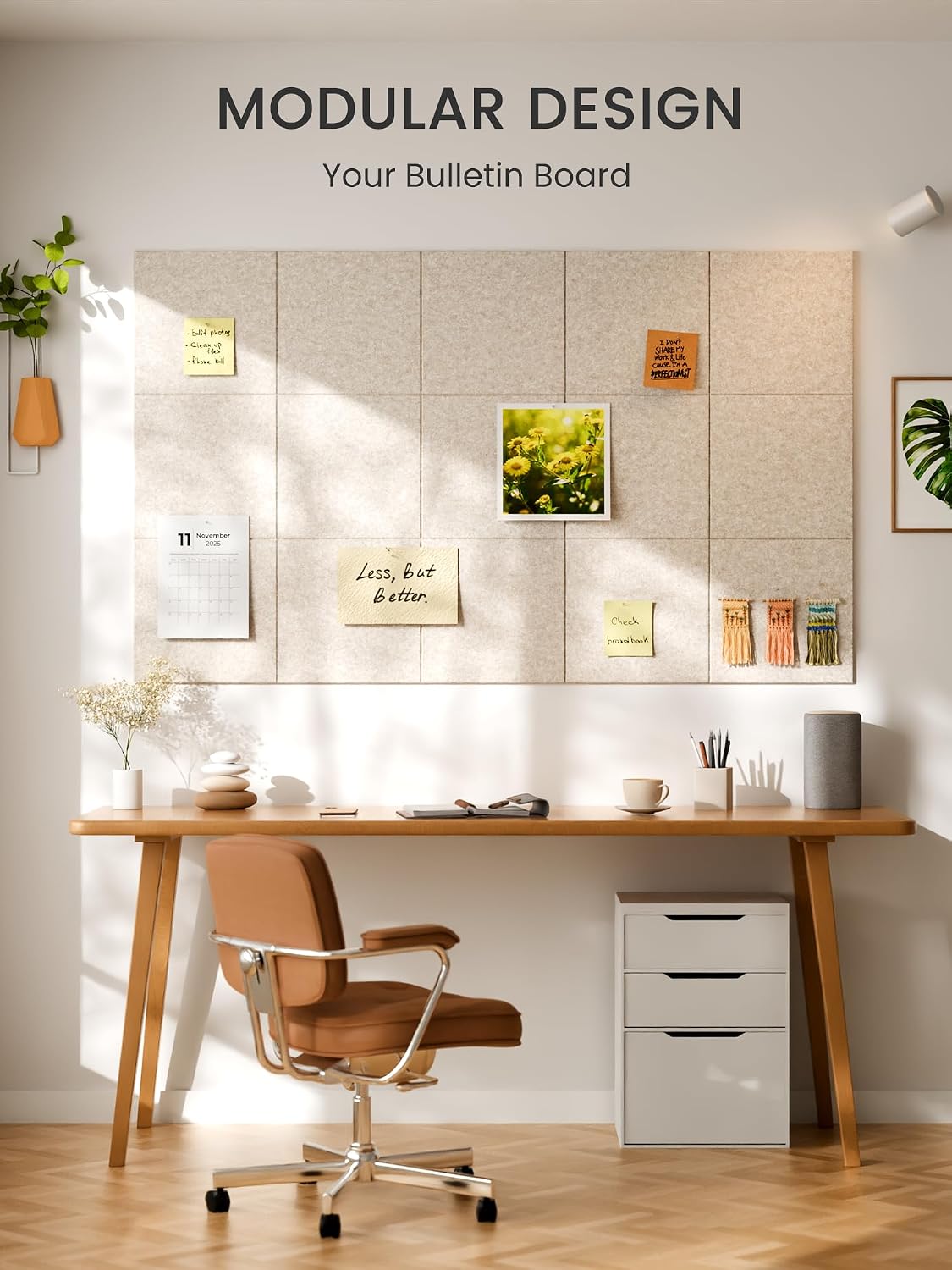 Large Felt Bulletin Board, Cork Board Alternative, Felt Wall Tiles with 30 Push Pins and Adhesive Tabs, Ideal for Office, Home & Classroom Decor, 6-Pack Solid-Oatmeal