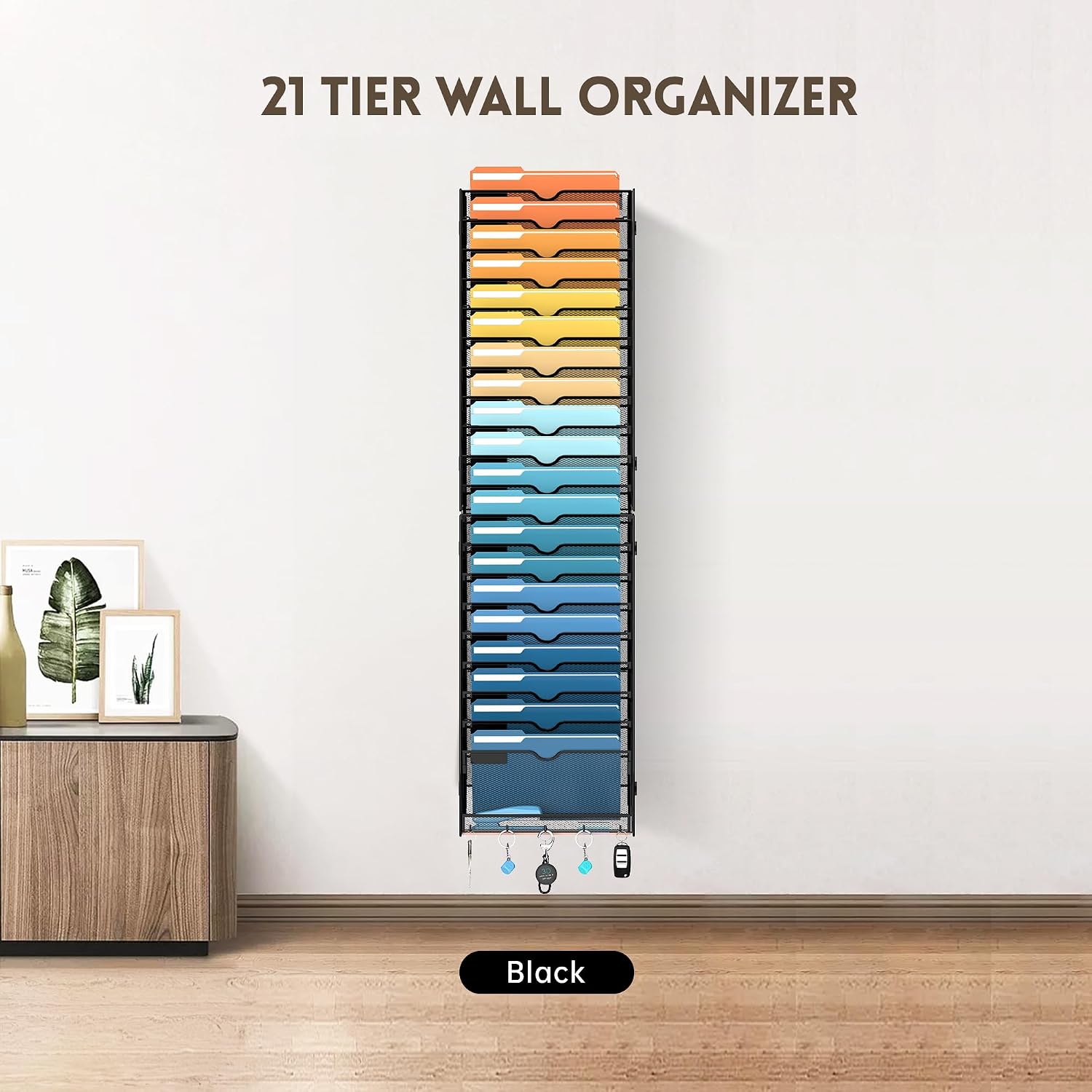 21-Tier Wall File Holder Organizer with Hooks, Mesh Hanging File Organizer, Mail Organizer Wall Mounted for Papers, Folders, Office Magazine Rack, Assembly Needed, Black