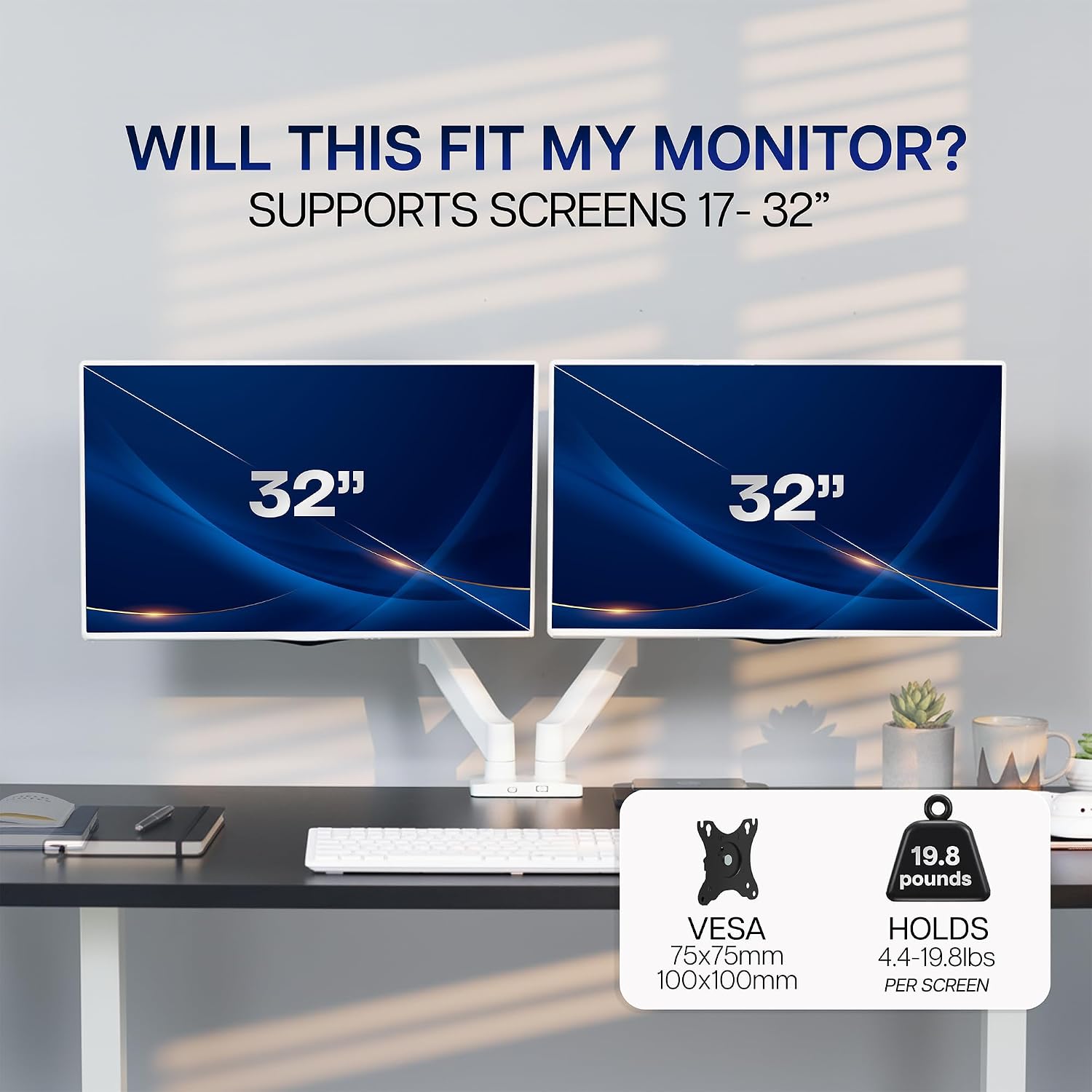 Dual Monitor Stand, Fully Adjustable Arms for 17 to 32 inch Screens, Mechanical Articulating Desk Mount, Gaming and Office Setups, VESA 75x75, 100x100, Max 19.8 lbs, Classic, White, STAND-V002OW