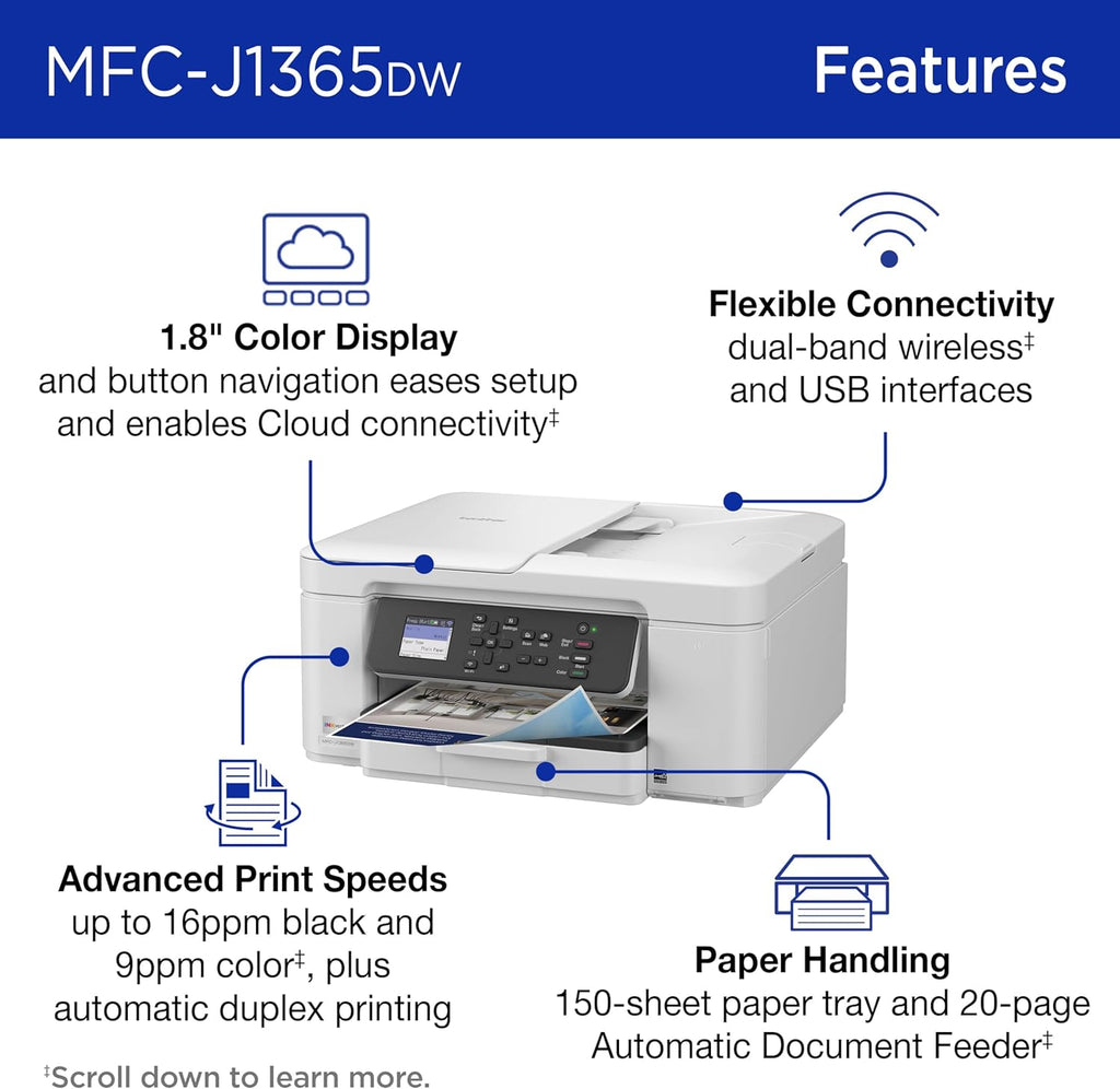 INKvestment 1365 Wireless Color Inkjet All-in-One Printer with Automatic Duplex Printing and 1.8” Color Display | Includes Refresh Subscription Trial(1) (MFC-J1365DW) | Wireless Inkvestment Aio, Auto Duplex, 1.8 Color Display, 150-Sheet Tray, 20-Page Adf,