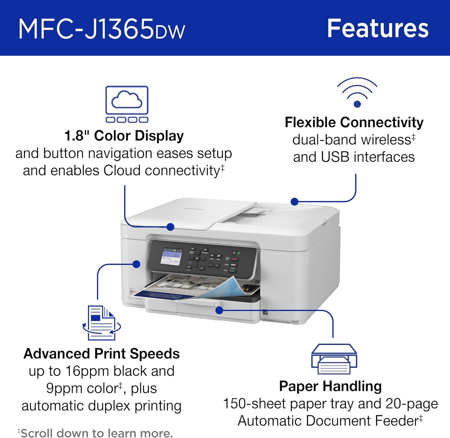 INKvestment 1365 Wireless Color Inkjet All-in-One Printer with Automatic Duplex Printing and 1.8” Color Display | Includes Refresh Subscription Trial(1) (MFC-J1365DW) | Wireless Inkvestment Aio, Auto Duplex, 1.8 Color Display, 150-Sheet Tray, 20-Page Adf,