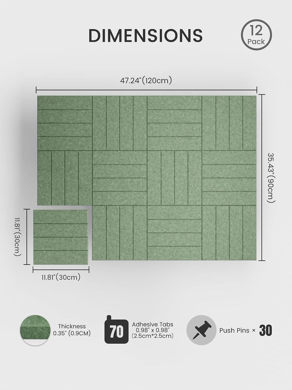 Large Felt Bulletin Board, 48" x 36" Cork Board Alternative, 12-Pack Bold Stripe Felt Wall Tiles with 30 Push Pins and 70 Adhesive Tabs, Ideal for Office, Home & Classroom, Moss Green