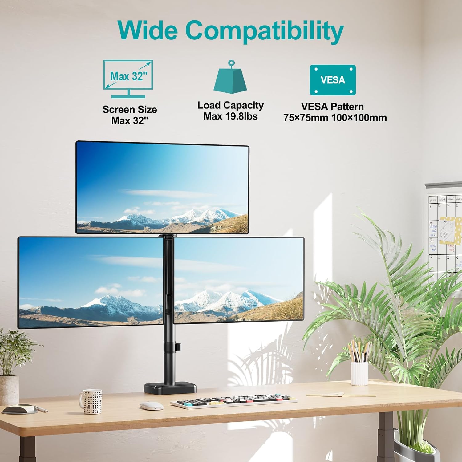 Triple Monitor Mount for Max 32" Computer Screen, Adjustable 3 Monitor Desk Mount, up to 19.8lbs Each, Spring Monitor Arm with Tilt Swivel Rotation, VESA Mount 75x75/100x100mm