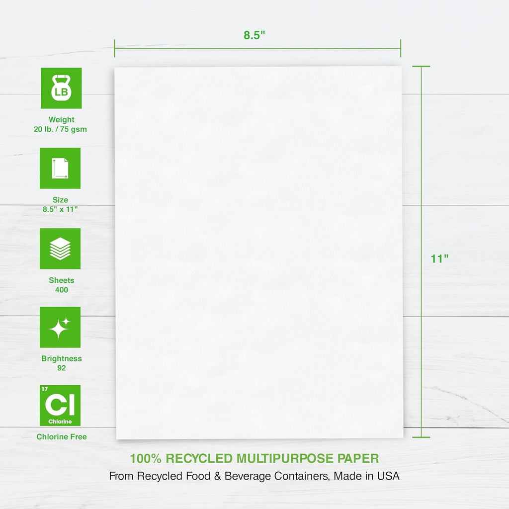 100% Recycled Printer Paper 8.5" x 11" White - 20 lb Copy & Multipurpose Computer Paper - 6 Packs, 2400 Sheets - Made in The USA - 92 Bright - Printer & Copier Compatible (00018C)