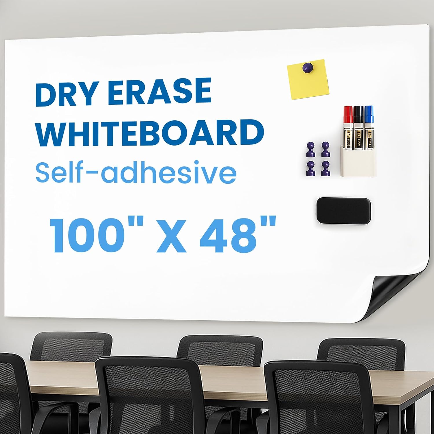 Large Magnetic Whiteboard for Wall 100" x 48"(250x120 cm) Self Adhesive & No Ghosting Dry Erase Surface Ideal for Home Conference Room Office