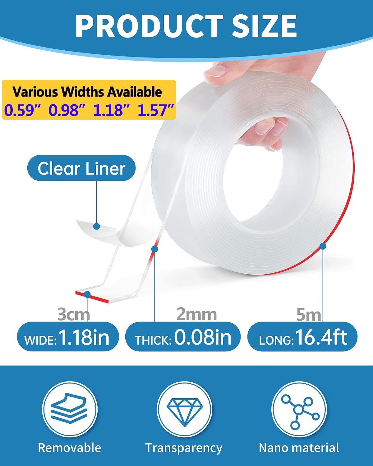 Double Sided Tape Heavy Duty, Strong Adhesive Multipurpose Mounting Tape, Removable and Reusable Transparent Tape(16.4ft /Roll, 1.18in Wide) | Heavy Duty, Strong Adhesive, Multipurpose Mounting, Removable and Reusable, Transparent