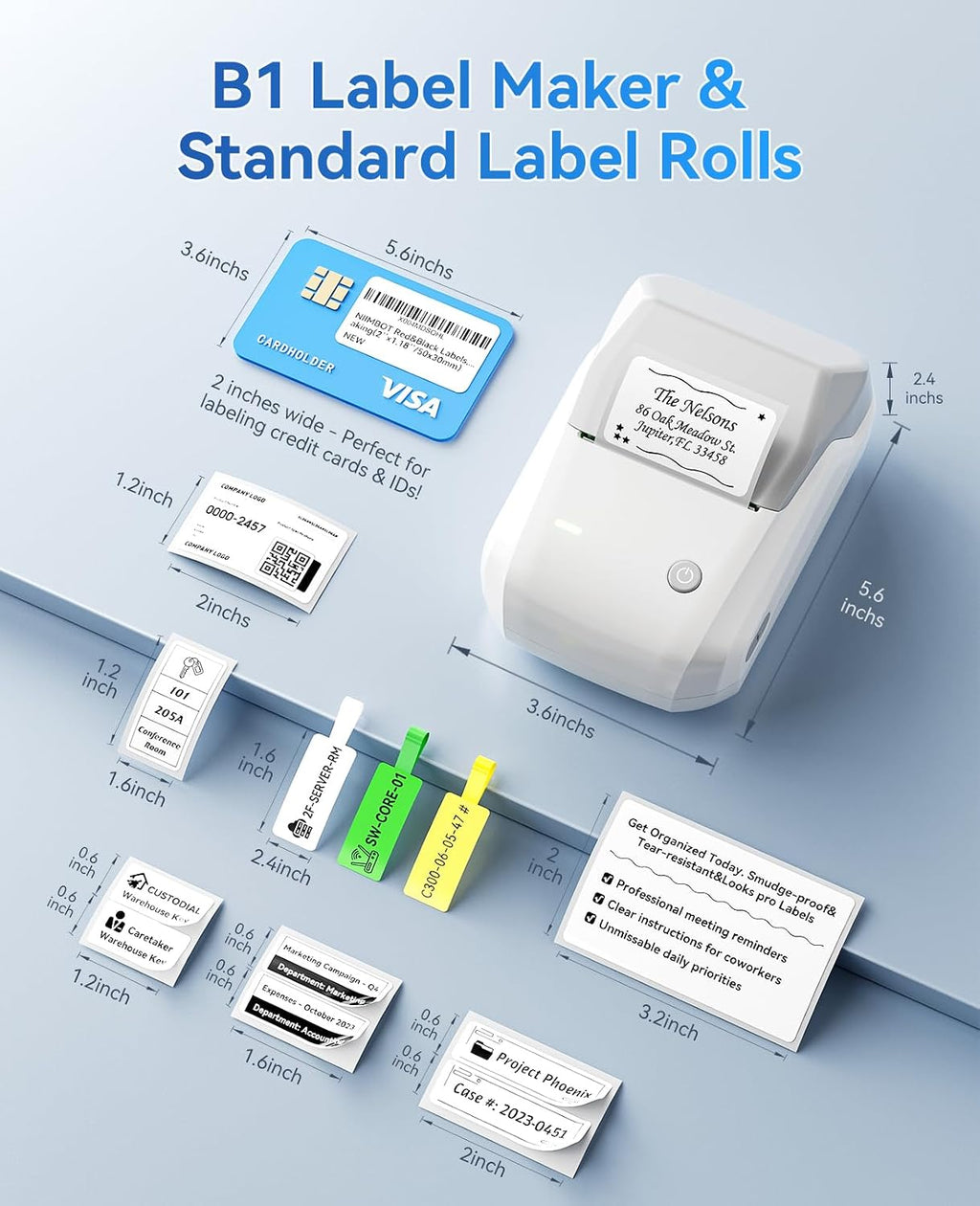 B1 Label Maker Machine with Tape, Portable Thermal Bluetooth Printer for 2'' Stickers, Mini Barcode Labeler for Home School& Small Business