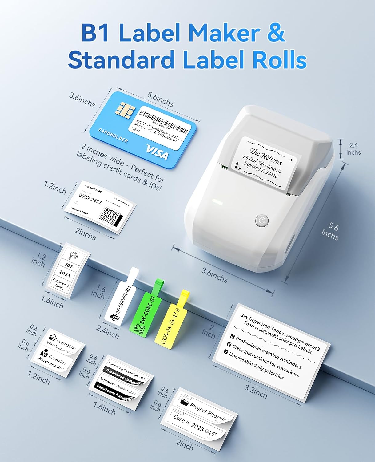B1 Label Maker Machine with Tape, Portable Thermal Bluetooth Printer for 2'' Stickers, Mini Barcode Labeler for Home School& Small Business