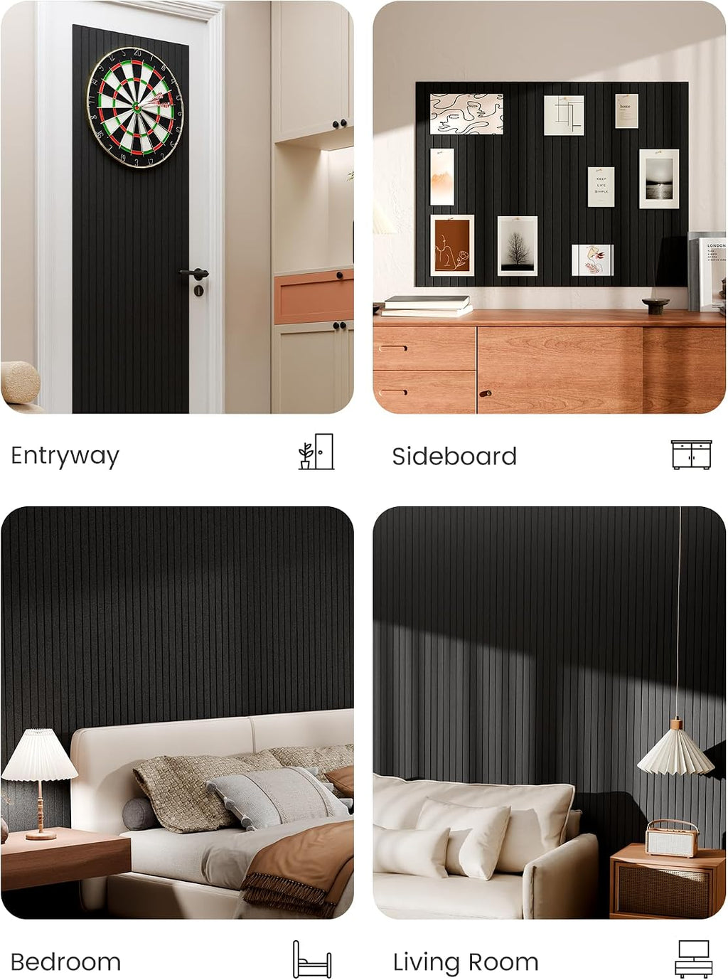 Large Cork Board Alternative - Slat Wall Paneling, Felt Bulletin Board Tiles for Office Decor, Push pin Board Office Wall Organizer -8 Vertical Stripes-12-Pack-Black