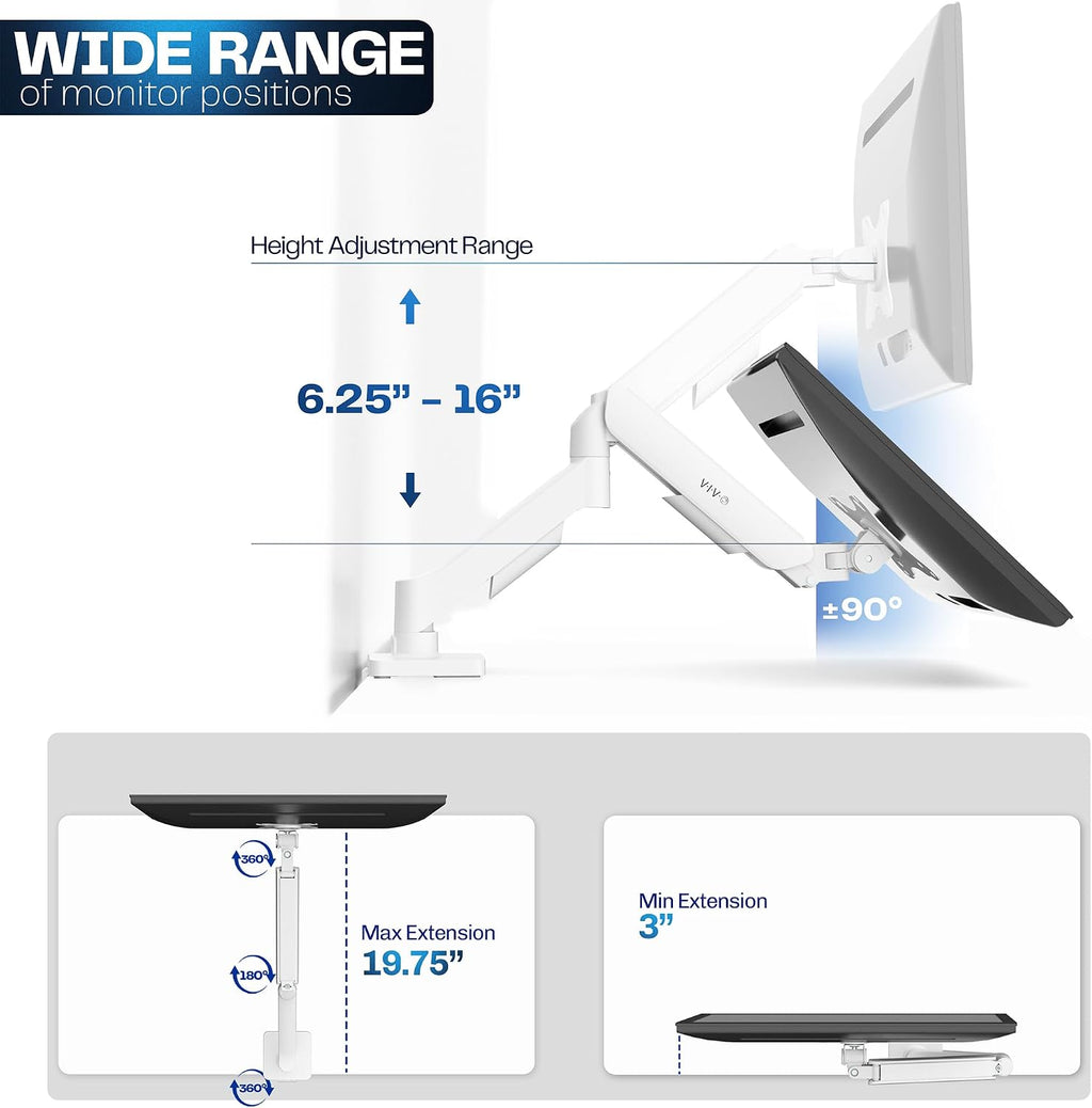 Single Monitor Stand, Fully Adjustable Arm for 17 to 32 inch Screen, Mechanical Articulating Desk Mount, Gaming and Office Setups, VESA 75x75, 100x100, Max 19.8 lbs, Classic, White, STAND-V001OW