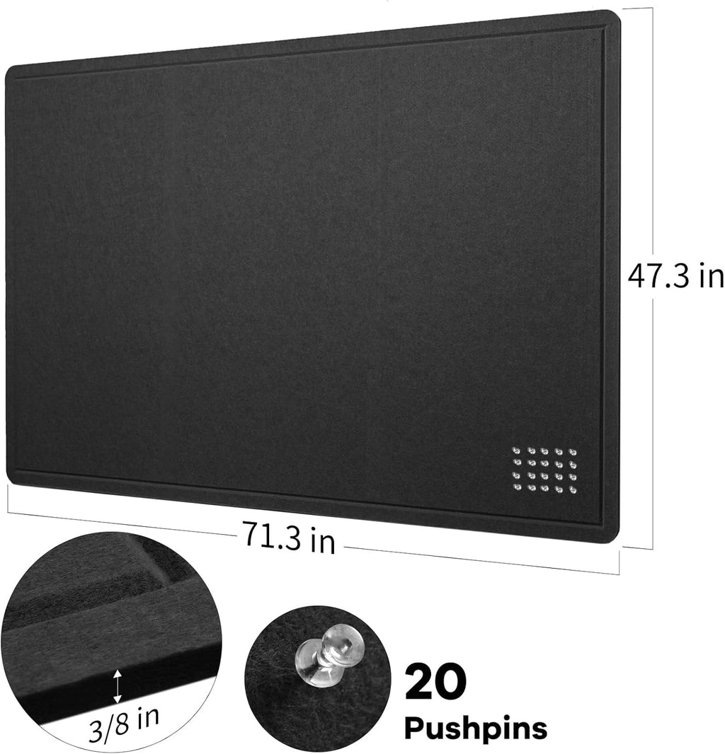 Large Bulletin Board - 120 x 180 cm, Decorative Felt Pin Board for Wall - 6' x 4' Foldable Photo Display Board with Self-Adhesive Tape, Includes 20 Push Pins - Black
