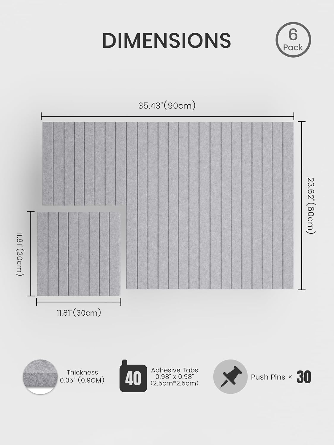 Large Felt Bulletin Board, Cork Board Alternative, Felt Wall Tiles with 30 Push Pins and Adhesive Tabs, Ideal for Office, Home & Classroom Decor, 6-Pack Fine Stripe-Soft Gray