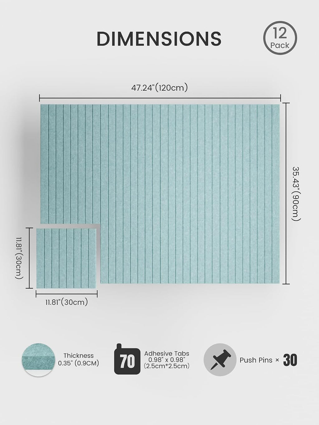 Large Felt Bulletin Board, 48" x 36" Cork Board Alternative, 12-Pack Fine Stripe Felt Wall Tiles with 30 Push Pins and 70 Adhesive Tabs, Ideal for Office, Home & Classroom, Teal Blue