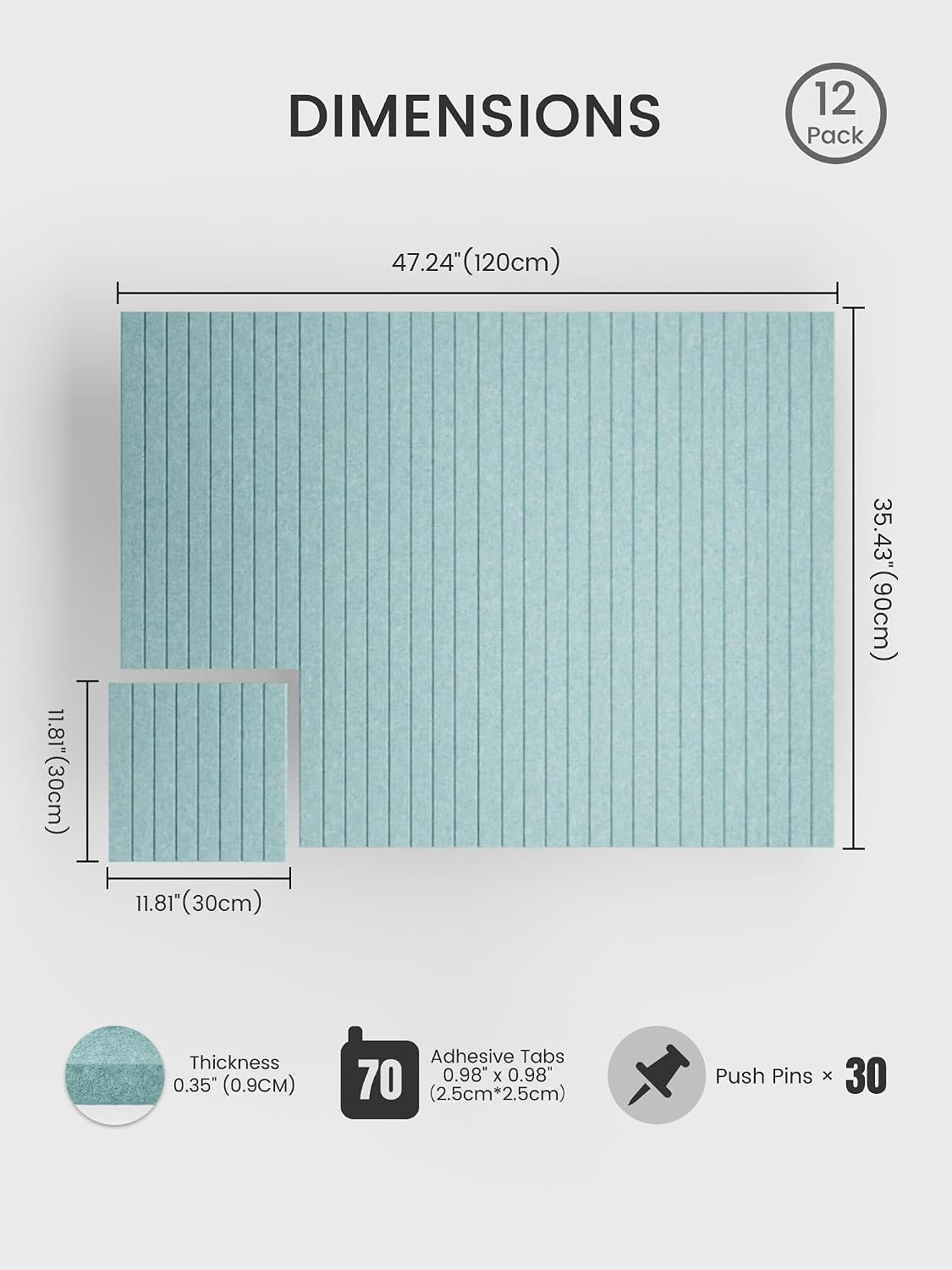 Large Felt Bulletin Board, 48" x 36" Cork Board Alternative, 12-Pack Fine Stripe Felt Wall Tiles with 30 Push Pins and 70 Adhesive Tabs, Ideal for Office, Home & Classroom, Teal Blue