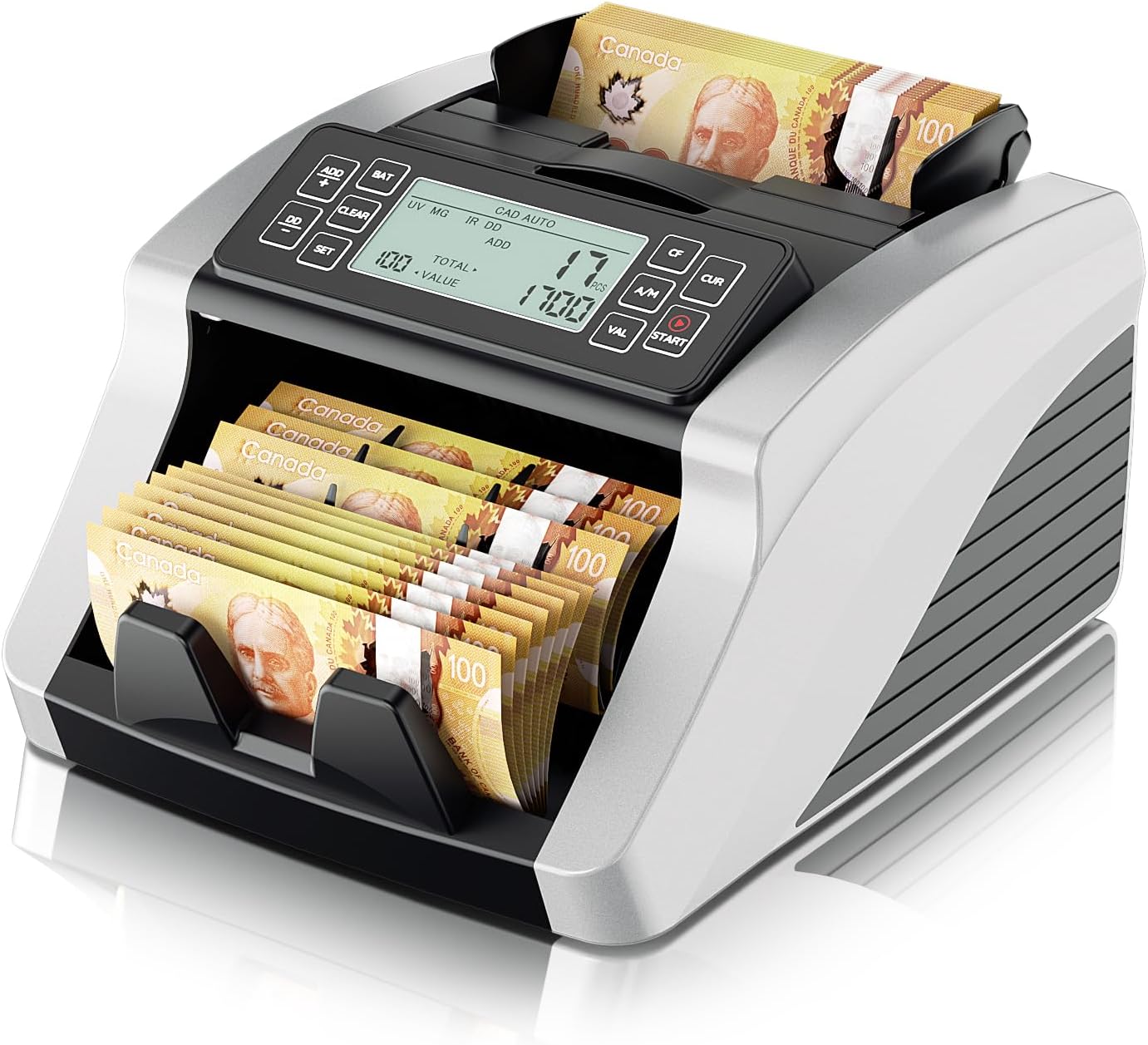 Money Counter Machine, Value Counting, UV/MG/MT/IR/DD Counterfeit Detection, 3.7" LCD Display Cash Counting Machine, CAD Bill Counter,1200 Bills/min, Silver