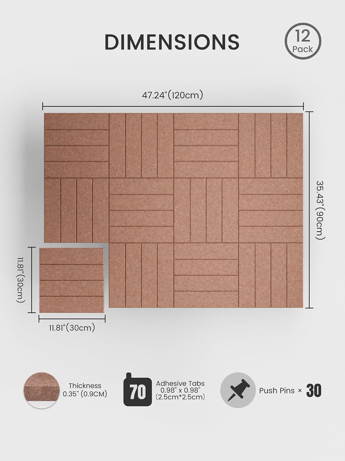 Large Felt Bulletin Board, Cork Board Alternative, Felt Wall Tiles with 30 Push Pins and Adhesive Tabs, Ideal for Office, Home & Classroom Decor, 12-Pack Bold Stripe-Terracotta