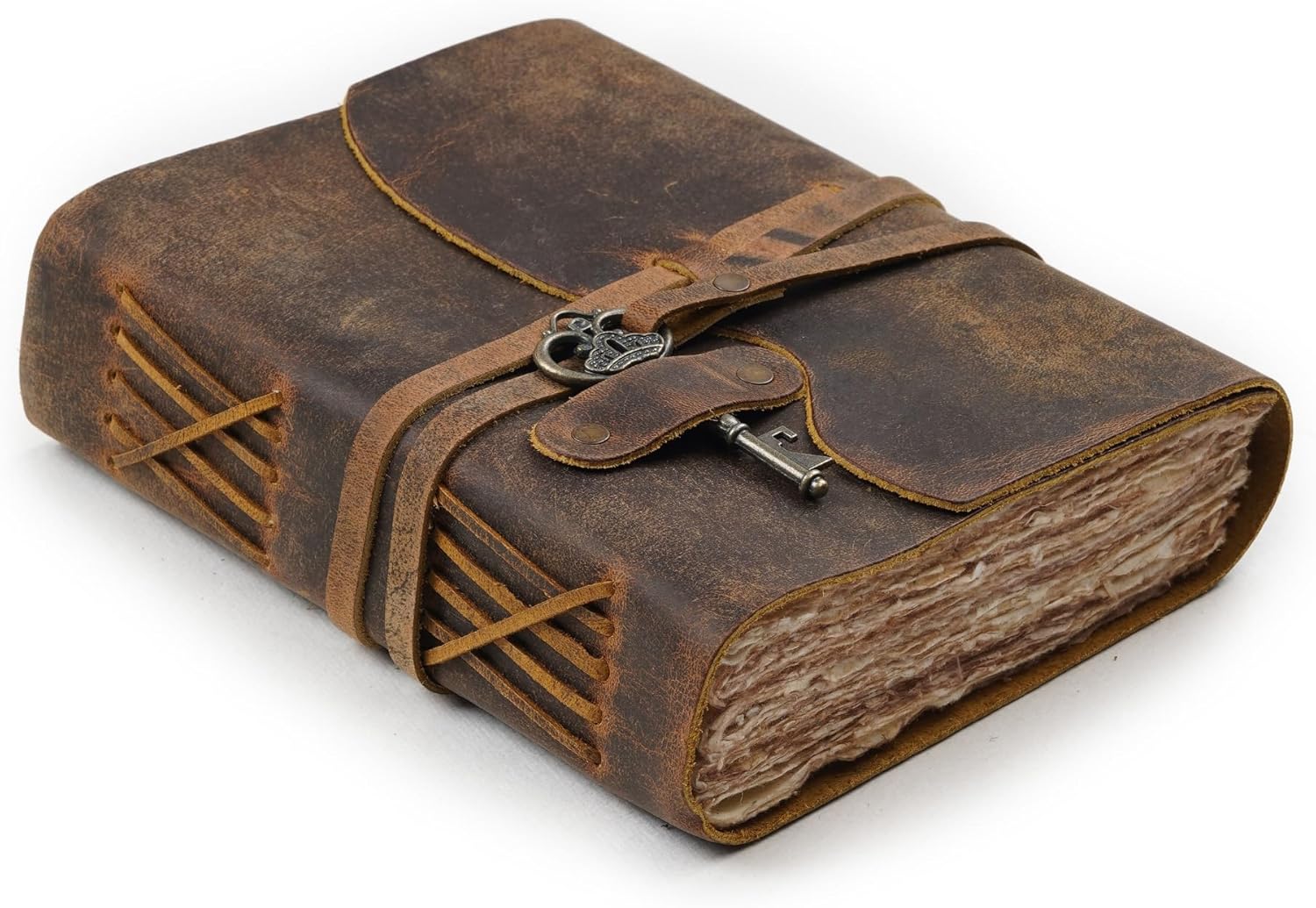 Vintage Leather Journal – 200 Handmade Vintage Watercolor Deckle Edge Paper – Leather bound Journal For Women Men – Key Lock Closure - Book of Shadows - Cappuccino Brown - 13X8 inches