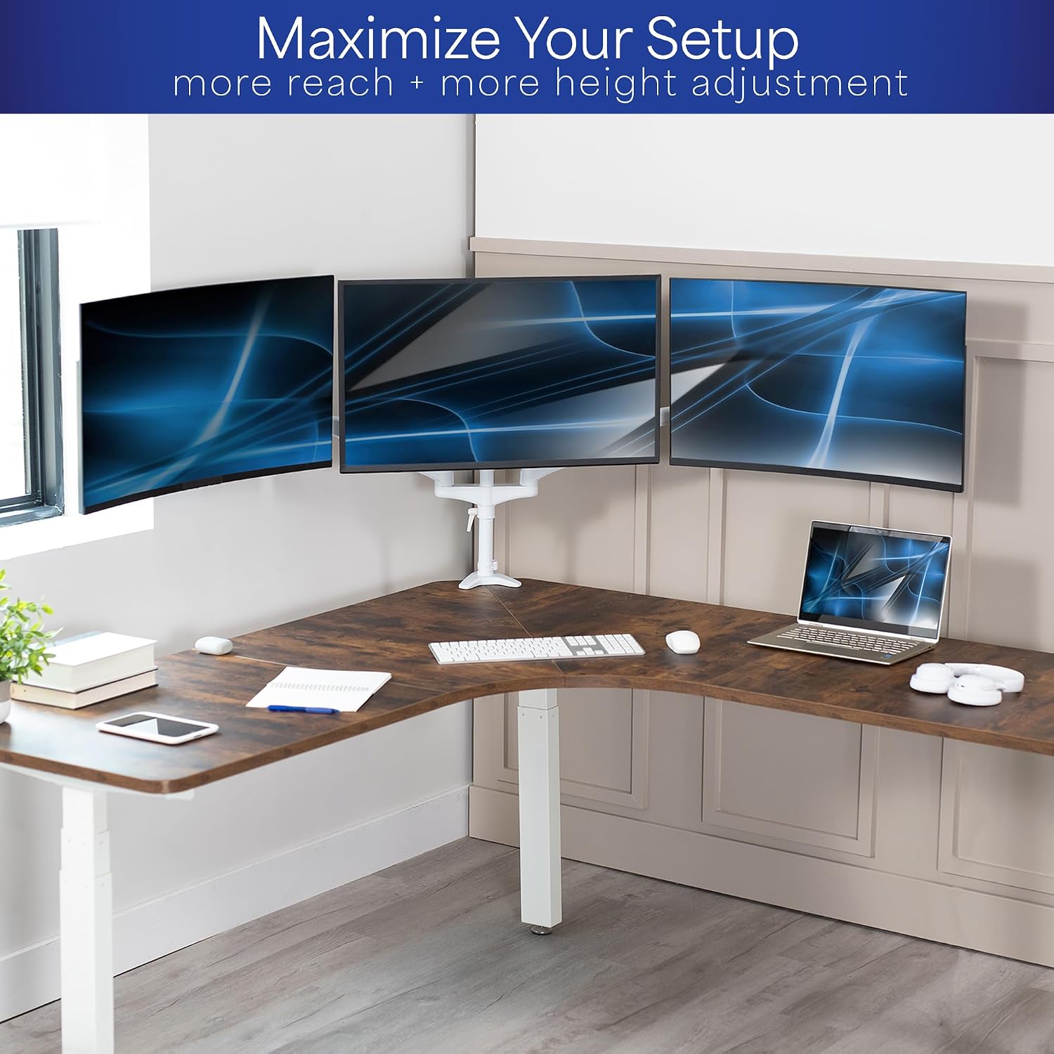 White Triple Monitor Mount, 2 Pneumatic Arms + 1 Fixed, 3 Screens up to 32"