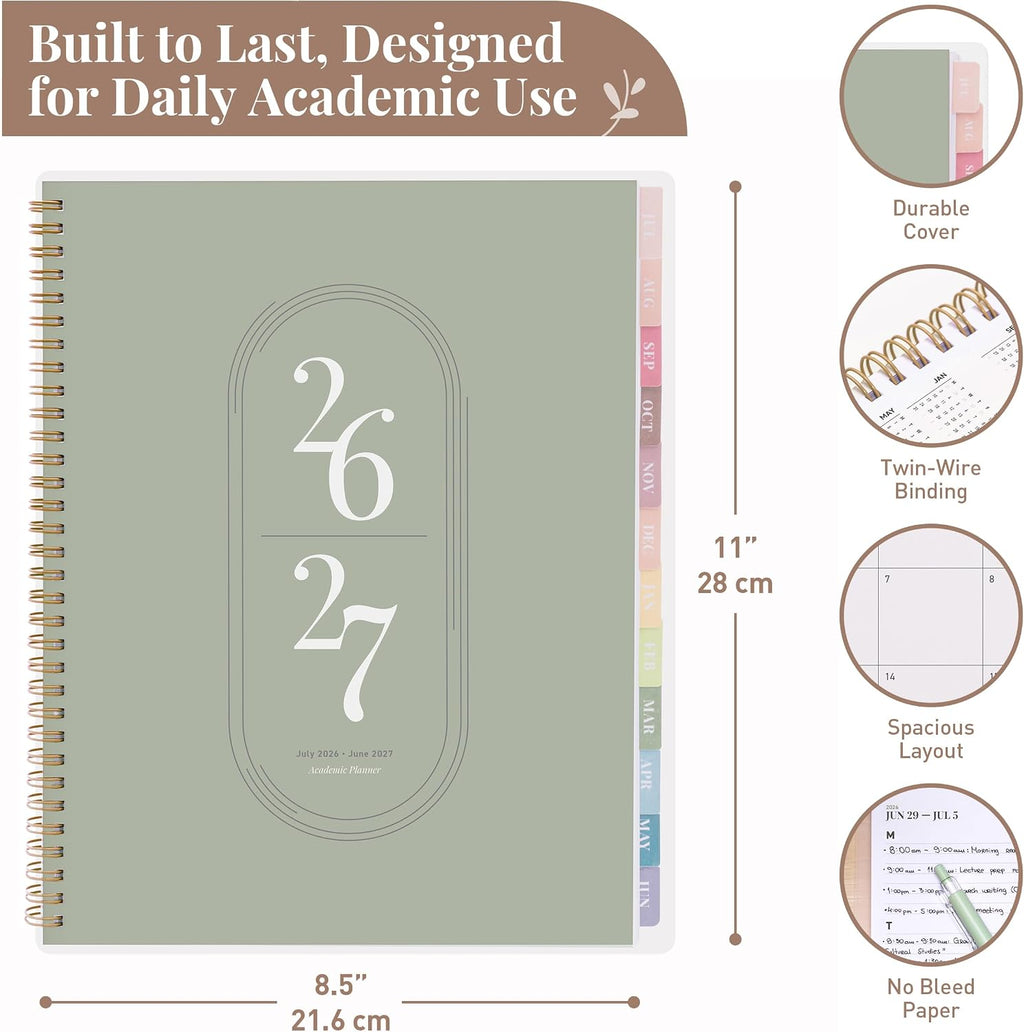 Rileys Academic Planner 2026-2027, Daily, Weekly & Monthly Planner, July 2026 - June 2027, Student Notes Pages, Twin-Wire Binding Weekly Agenda for School & Work (21.6 x 28 cm, Green)