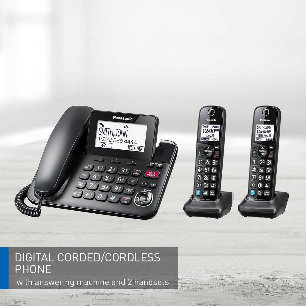 Expandable Corded Phone System, Bluetooth Pairing for Wireless Headphones and Hearing Aids, Smart Call Block, Bilingual Talking Caller ID, 2 Handsets - KXTGF892B (Black)