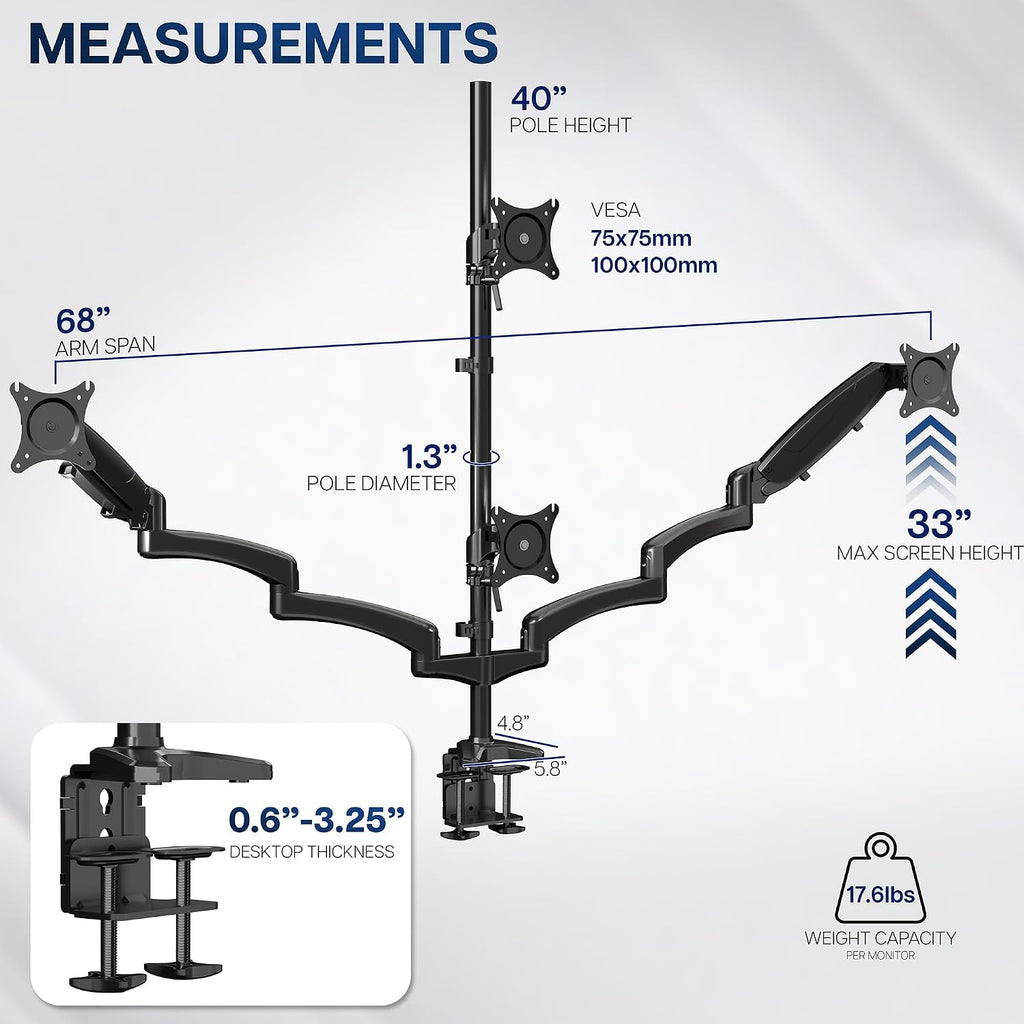 Quad Pneumatic Monitor Mount for 4 Screens up to 32 inches, Fully Adjustable, Heavy Duty Desk Stand with C-Clamp, Black, STAND-V400G