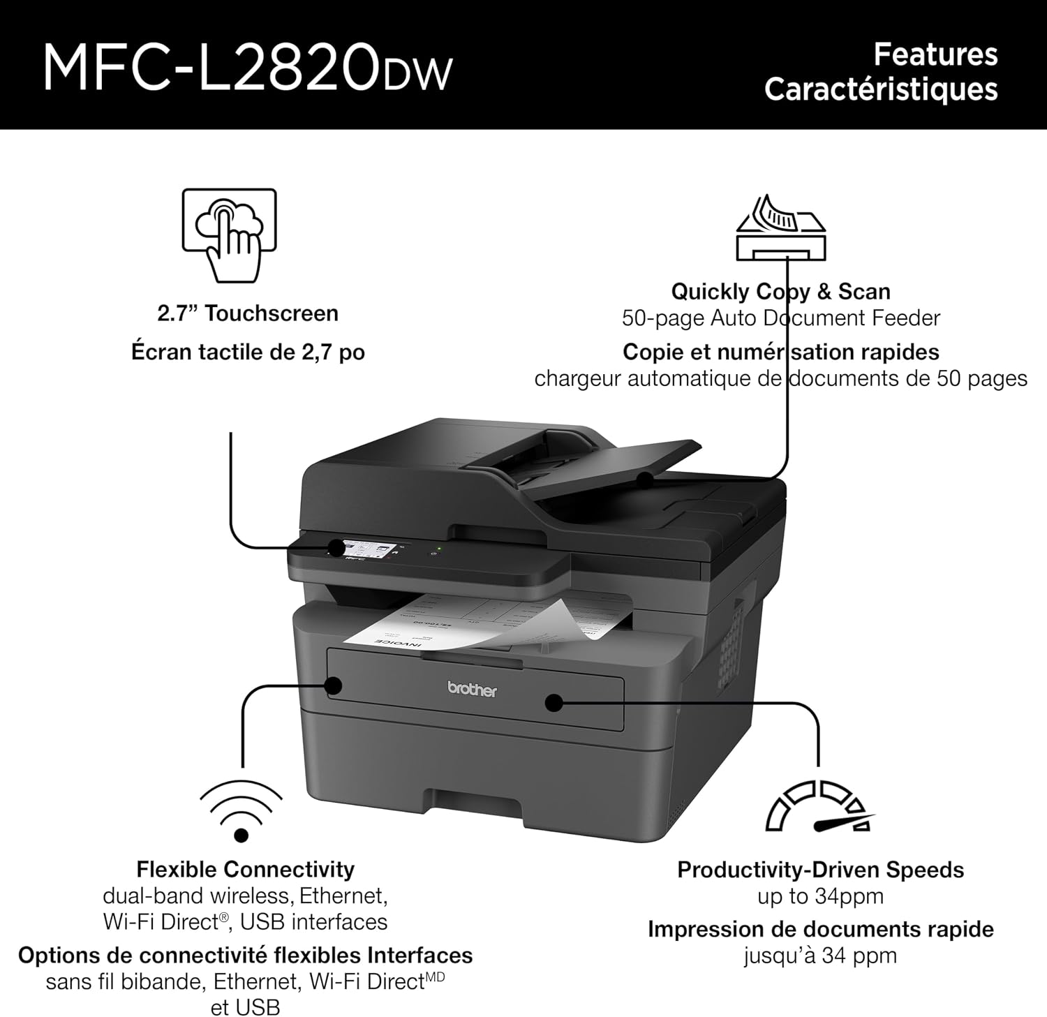 MFC-L2820DW Wireless Compact Monochrome All-in-One Laser Printer with Copy, Scan and Fax, Duplex, Black & White | Includes Refresh Subscription Trial(1), Works with Alexa