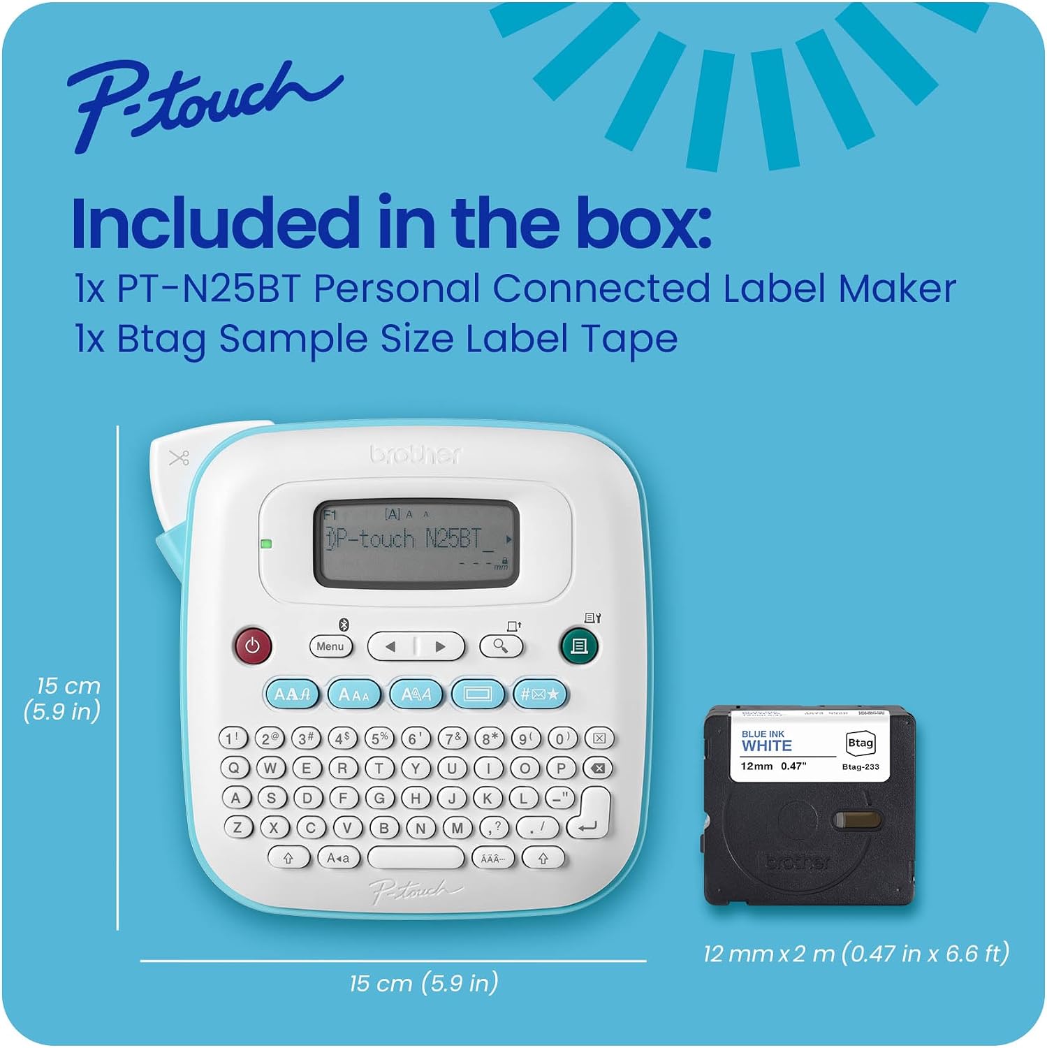 P-Touch PT-N25BT Personal Connected Label Maker Machine with Btag Tape, Portable Bluetooth Label Printer, Easy to Use, Multiple Font Styles, User-Friendly for Organizing, Office and Home