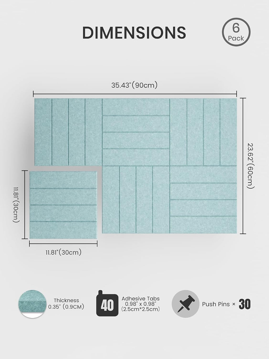 Large Felt Bulletin Board, 36" x 24" Cork Board Alternative, 6-Pack Bold Stripe Felt Wall Tiles with 30 Push Pins and 40 Adhesive Tabs, Ideal for Office, Home & Classroom, Teal Blue