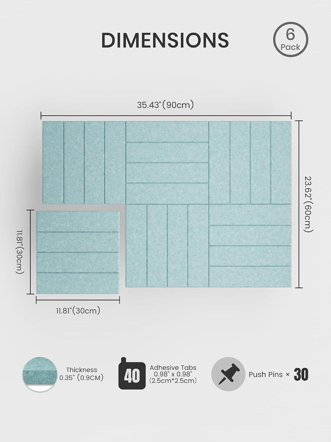 Large Felt Bulletin Board, 36" x 24" Cork Board Alternative, 6-Pack Bold Stripe Felt Wall Tiles with 30 Push Pins and 40 Adhesive Tabs, Ideal for Office, Home & Classroom, Teal Blue