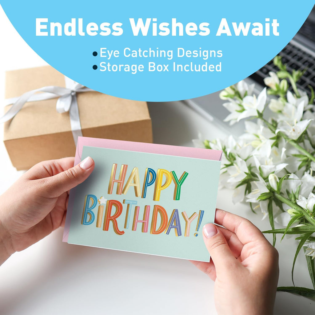 Happy Birthday Cards with Envelopes and Assortment Box – Variety Set of 50 Assorted Birthday Notes. Perfect Bulk Pack for Celebrations, Office, Friends, Family, and Special Occasions-4x5.5"