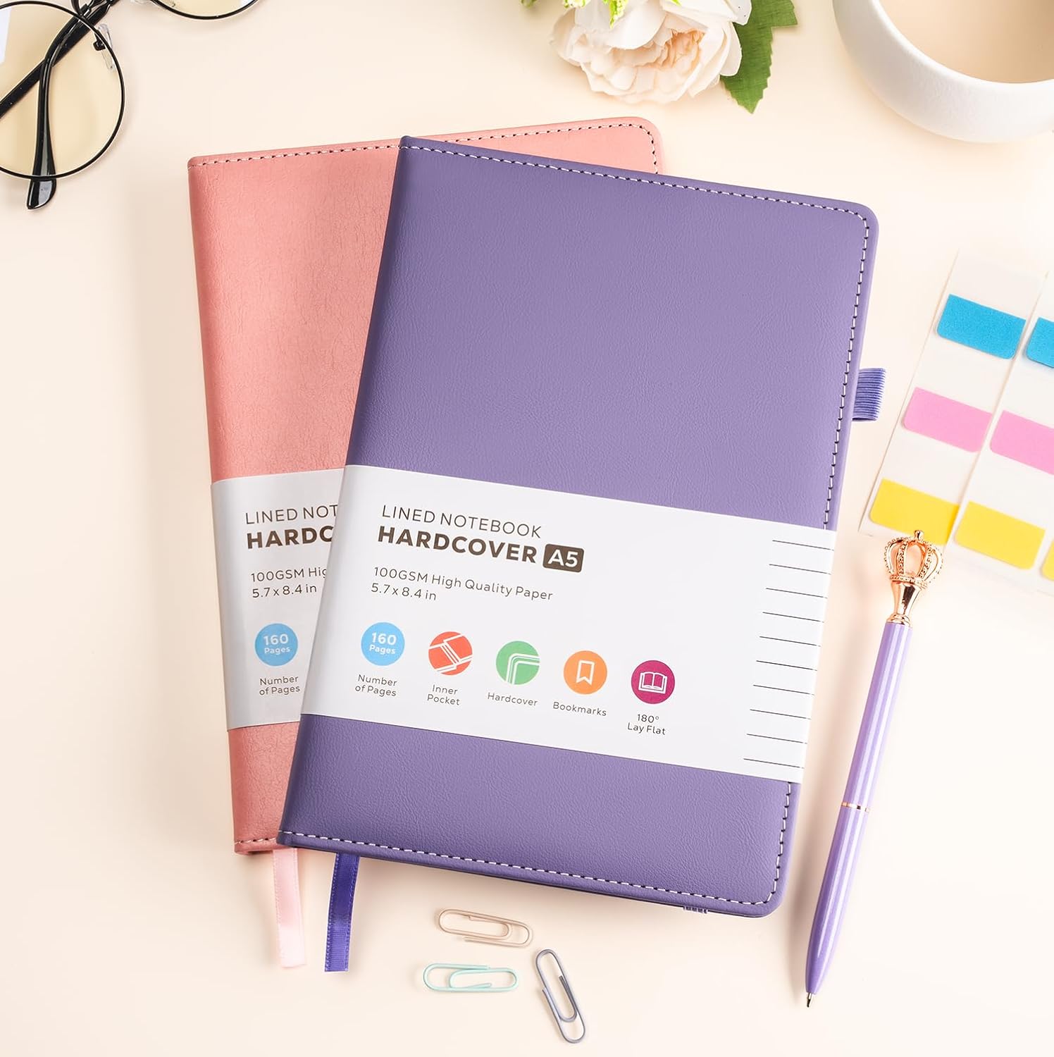2 Pack A5 Notebook Journals for Women, A5 Leather Notepad Hardback with 100GSM Lined Paper, No Bleed, Inner Pocket, Note Book for Office School Supplies, 14.5 x 21.3 cm