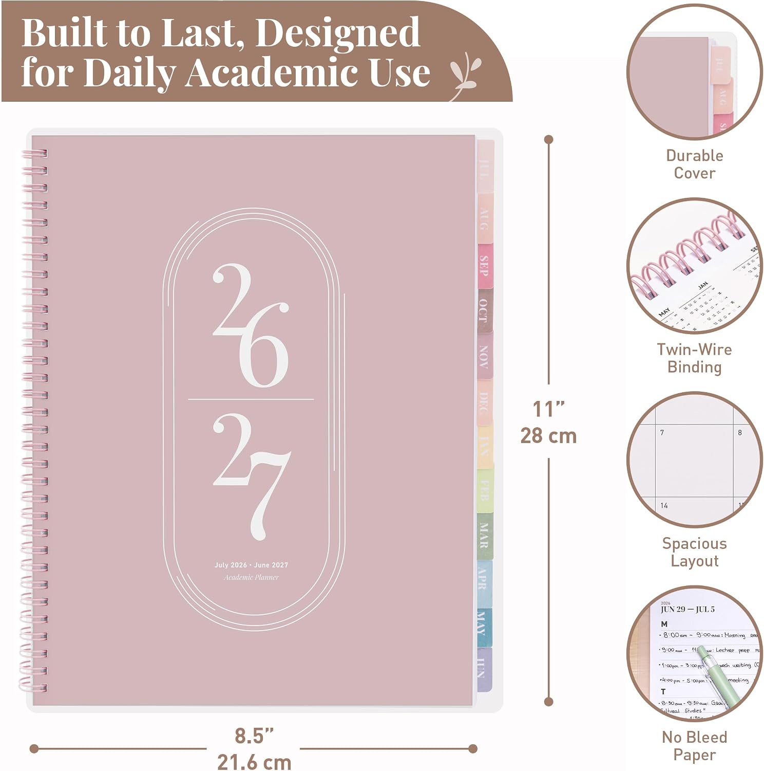 Rileys Academic Planner 2026-2027, Daily, Weekly & Monthly Planner, July 2026 - June 2027, Student Notes Pages, Twin-Wire Binding Weekly Agenda for School & Work (21.6 x 28 cm, Pink)