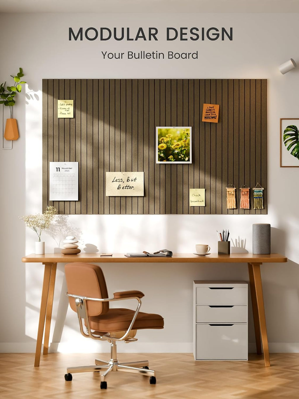 Large Felt Bulletin Board, 36" x 24" Cork Board Alternative, 6-Pack Fine Stripe Felt Wall Tiles with 30 Push Pins and 40 Adhesive Tabs, Ideal for Office, Home & Classroom, Earth Brown