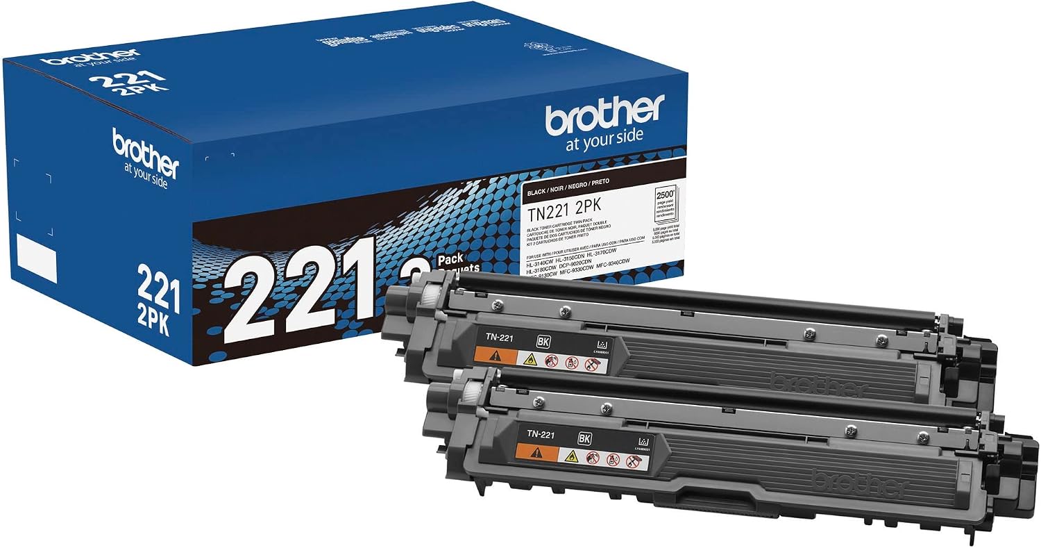 Original TN221 2PK Standard Yield Black Toner Cartridge Value Pack (2), Original Toner Replacement cartridges, Toner for Laser Printers HL-3140CW, HL-3170CDW, MFC-9130CW, and More