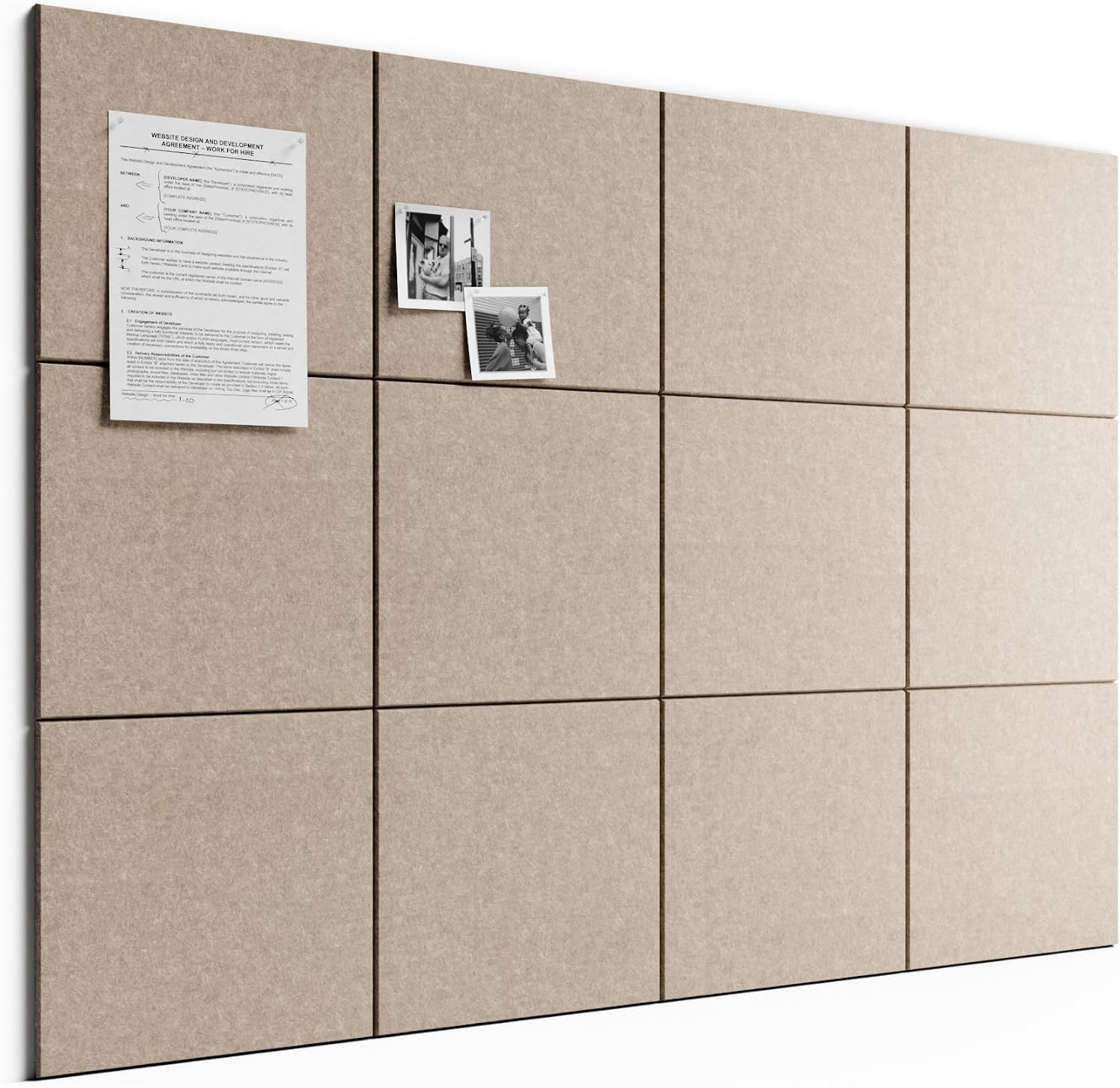 Large Felt Bulletin Board, 48" x 36" Cork Board Alternative, 12-Pack Solid Felt Wall Tiles with 30 Push Pins and 70 Adhesive Tabs, Ideal for Office, Home & Classroom, Taupe