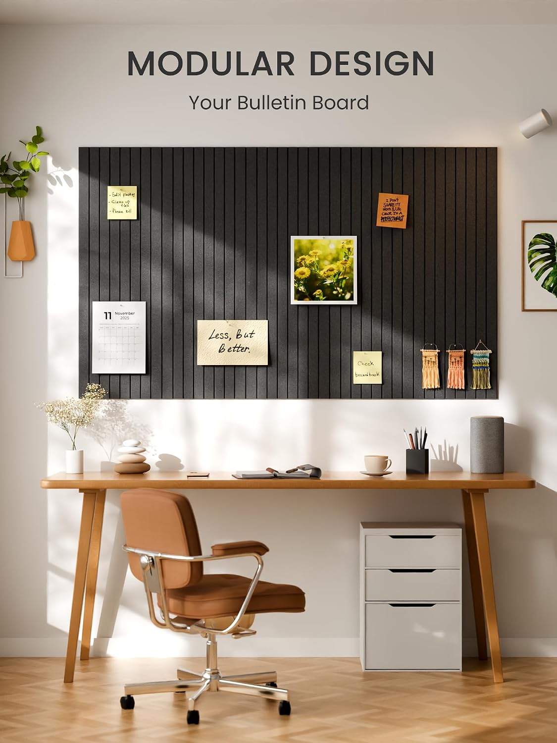 Large Cork Board Alternative - Slat Wall Paneling, Felt Bulletin Board Tiles for Office Decor, Push pin Board Office Wall Organizer -8 Vertical Stripes-6-Pack-Charcoal Gray