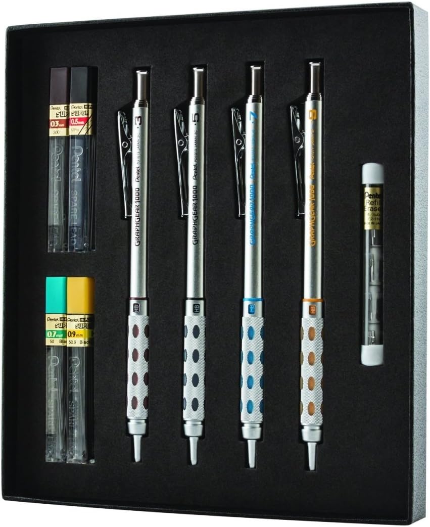 Arts GraphGear 1000 Premium Mechanical Drafting Pencil Set, Rectractable, For Students, Architects, Engineers, Artists, 4 Assorted Mechancical Pencils and Leads, Refill Erasers, Box Set