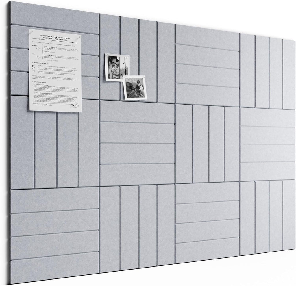 Large Felt Bulletin Board, 48" x 36" Cork Board Alternative, 12-Pack Bold Stripe Felt Wall Tiles with 30 Push Pins and 70 Adhesive Tabs, Ideal for Office, Home & Classroom, Soft Gray